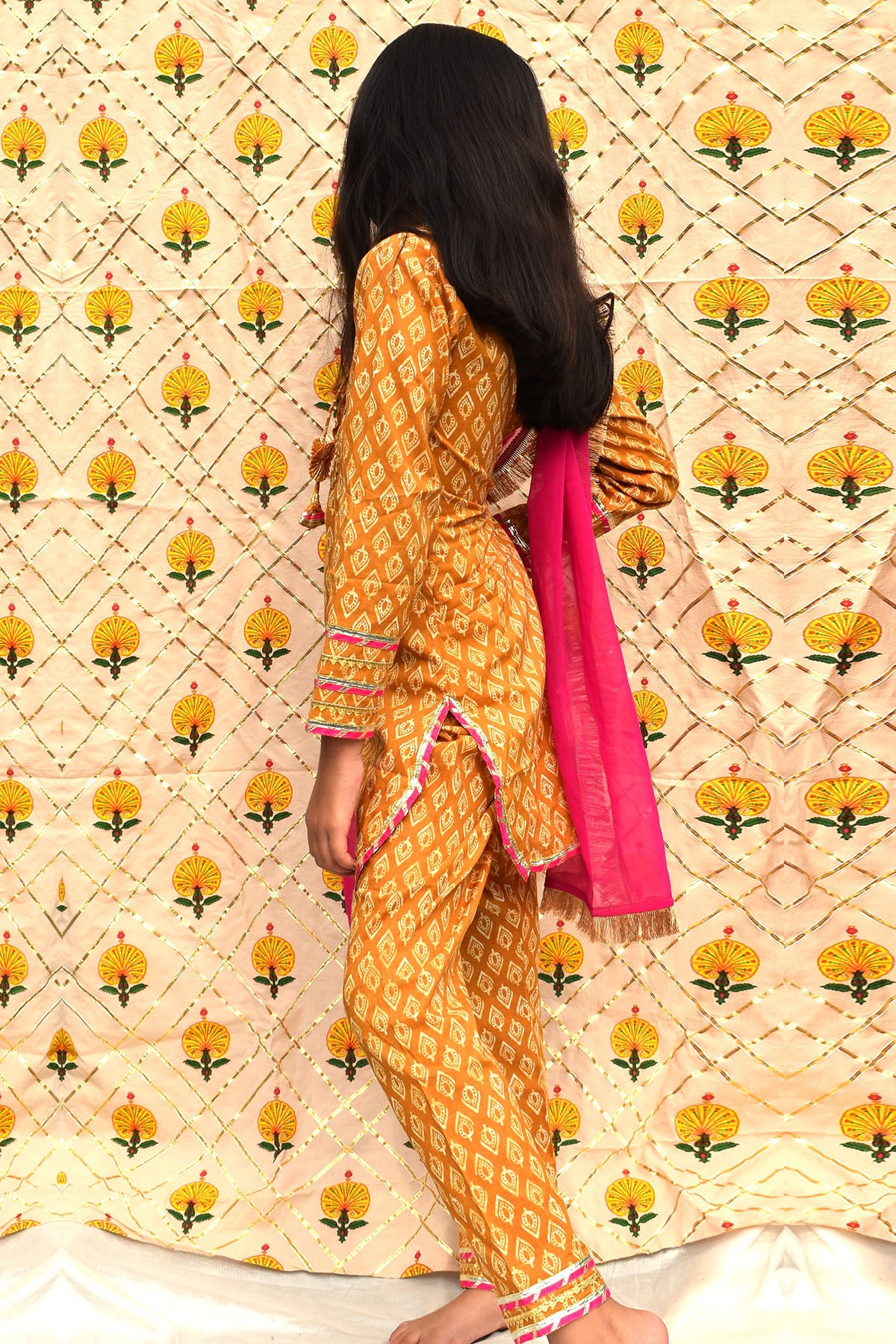 Mustard & Pink Cotton Kurta Set
