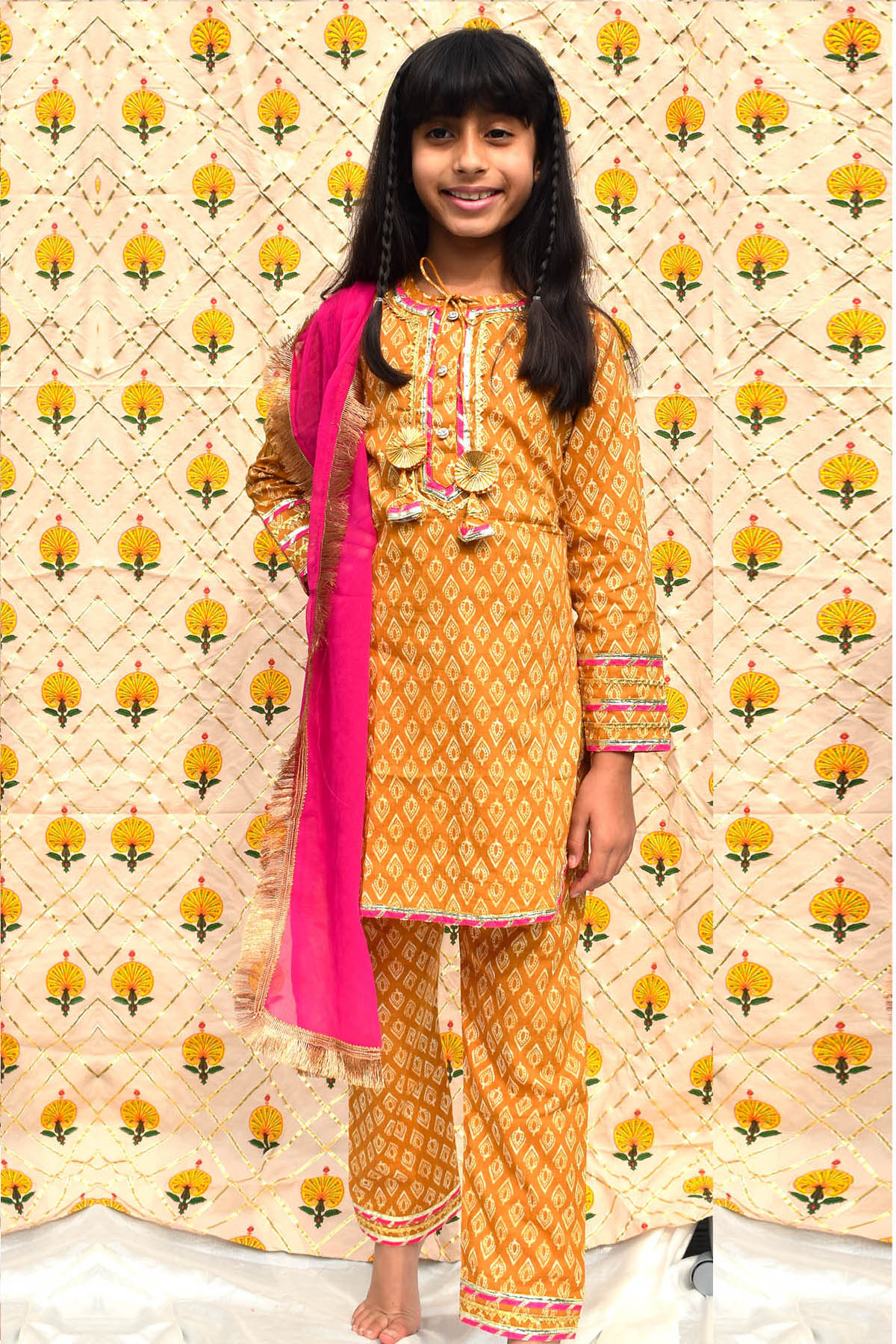 Buy Mustard & Pink Cotton Kurta Set for Kids by ViYa online available at scrollnshops