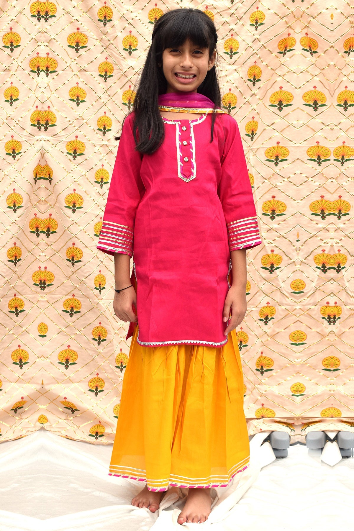 Buy Mustard & Pink Cuffs Kurta Set for Kids by ViYa online available at scrollnshops