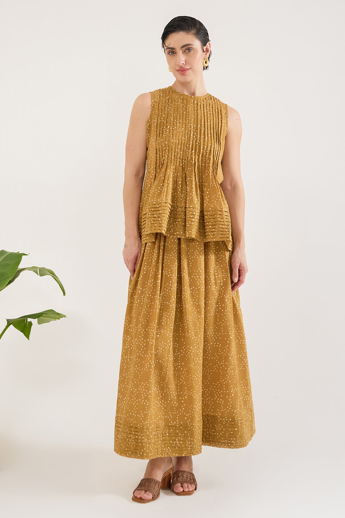 Mustard Pintuck Printed Skirt