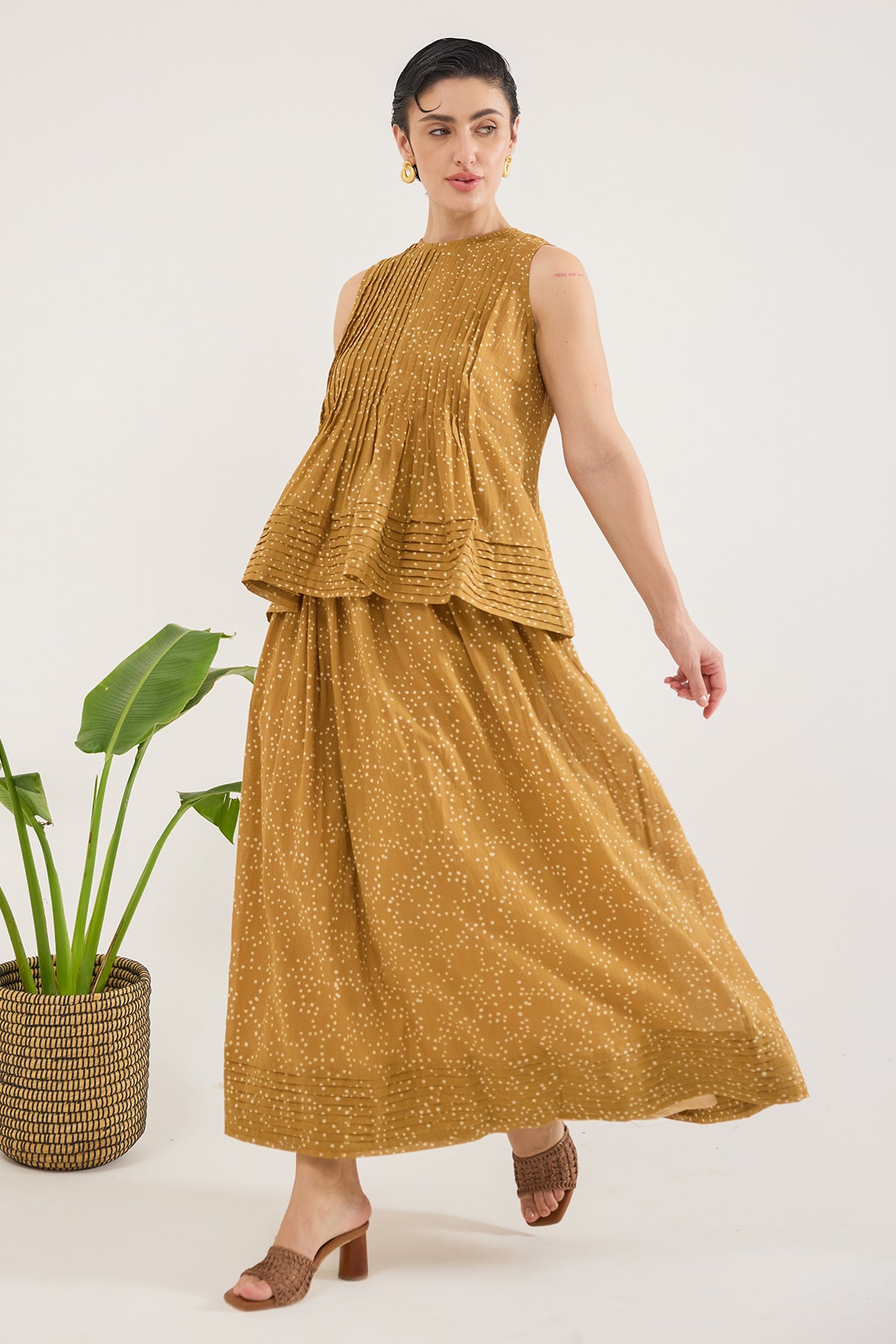 Mustard Pintuck Printed Skirt