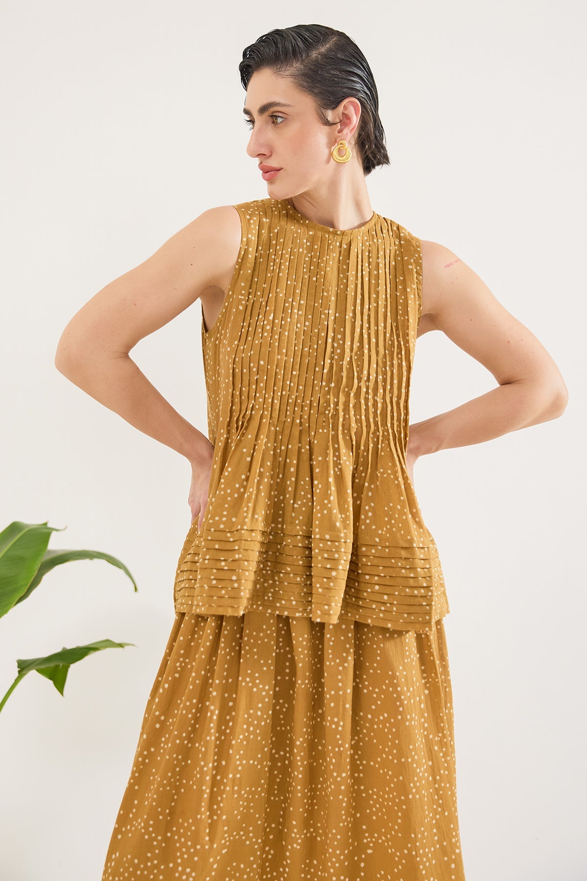 Buy Mustard Pintuck Printed Top by Taro India for women online at ScrollnShops