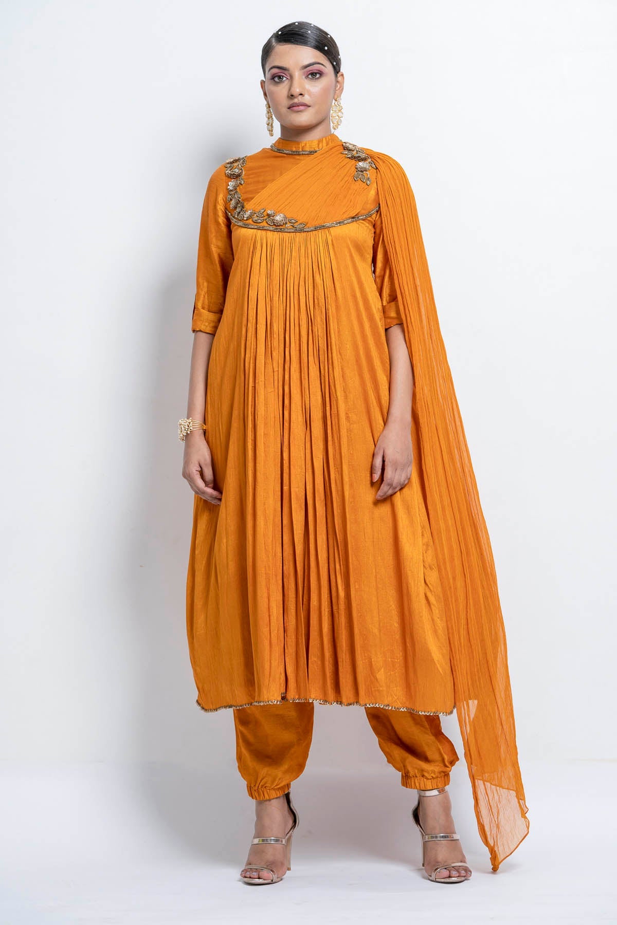 Mustard Predrape Kurta Dupatta Set at ScrollnShops