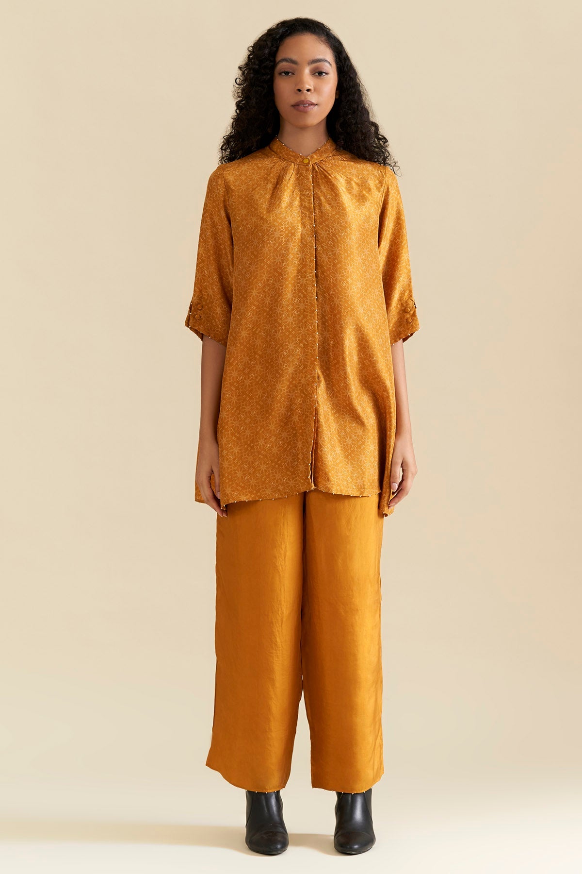 Srota by Srishti Aggarwal Mustard Print Shirt & Palazzo for women online at ScrollnShops