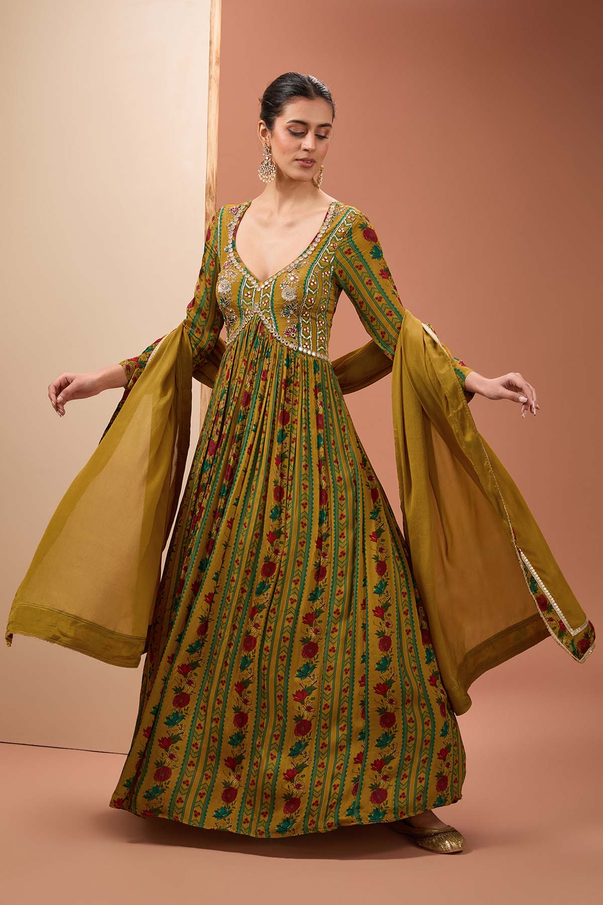 Designer Neha Khullar Mustard Printed Anarkali Set for Women Online