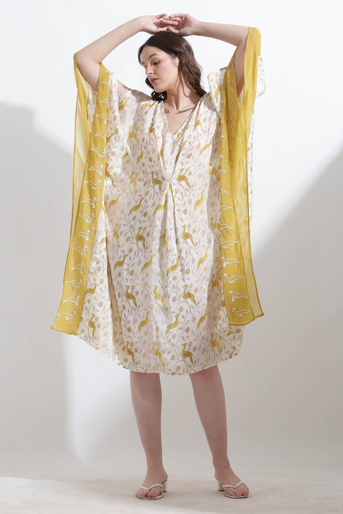 Designer Kusmi Desert Bloom: Mustard Crepe Kaftan For Women at ScrollnShops