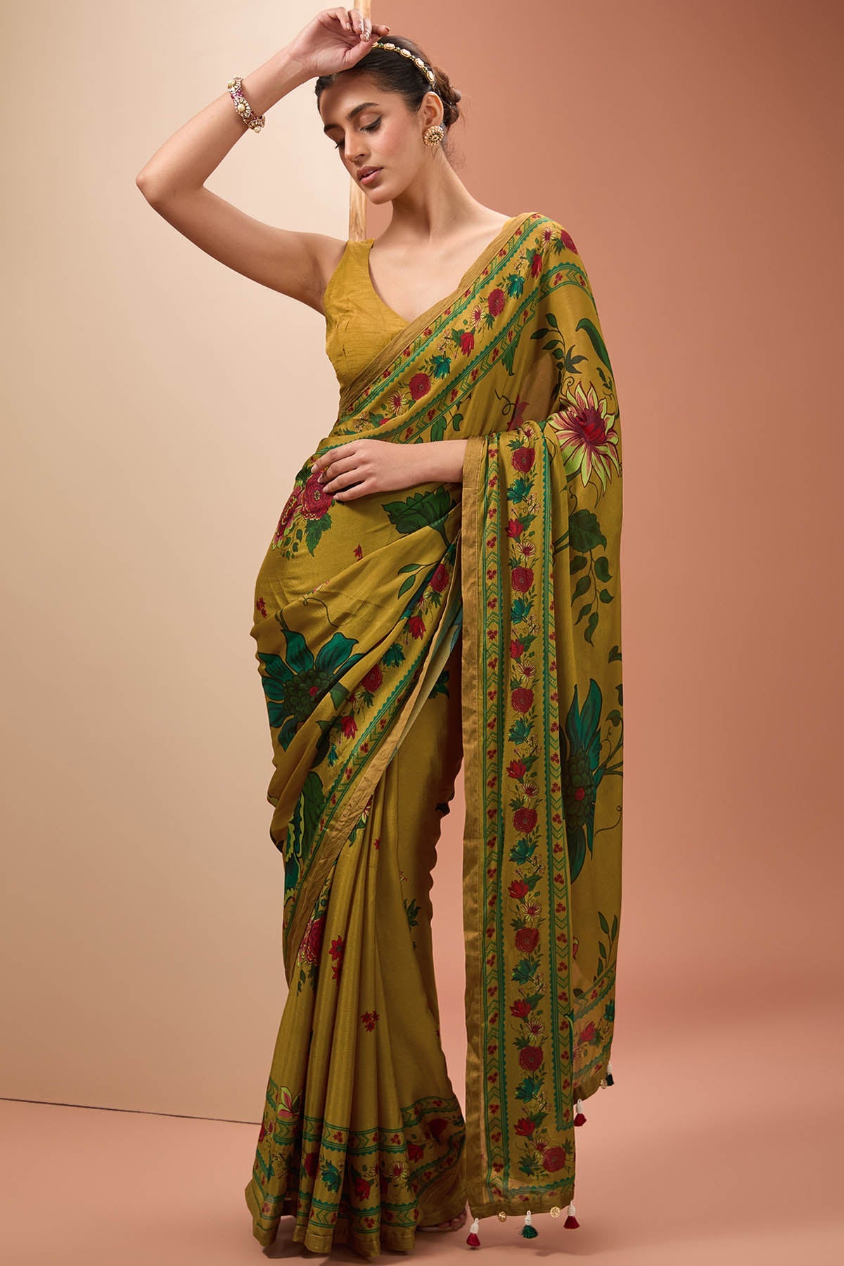 Designer Neha Khullar Mustard Printed Saree & Blouse for Women Online