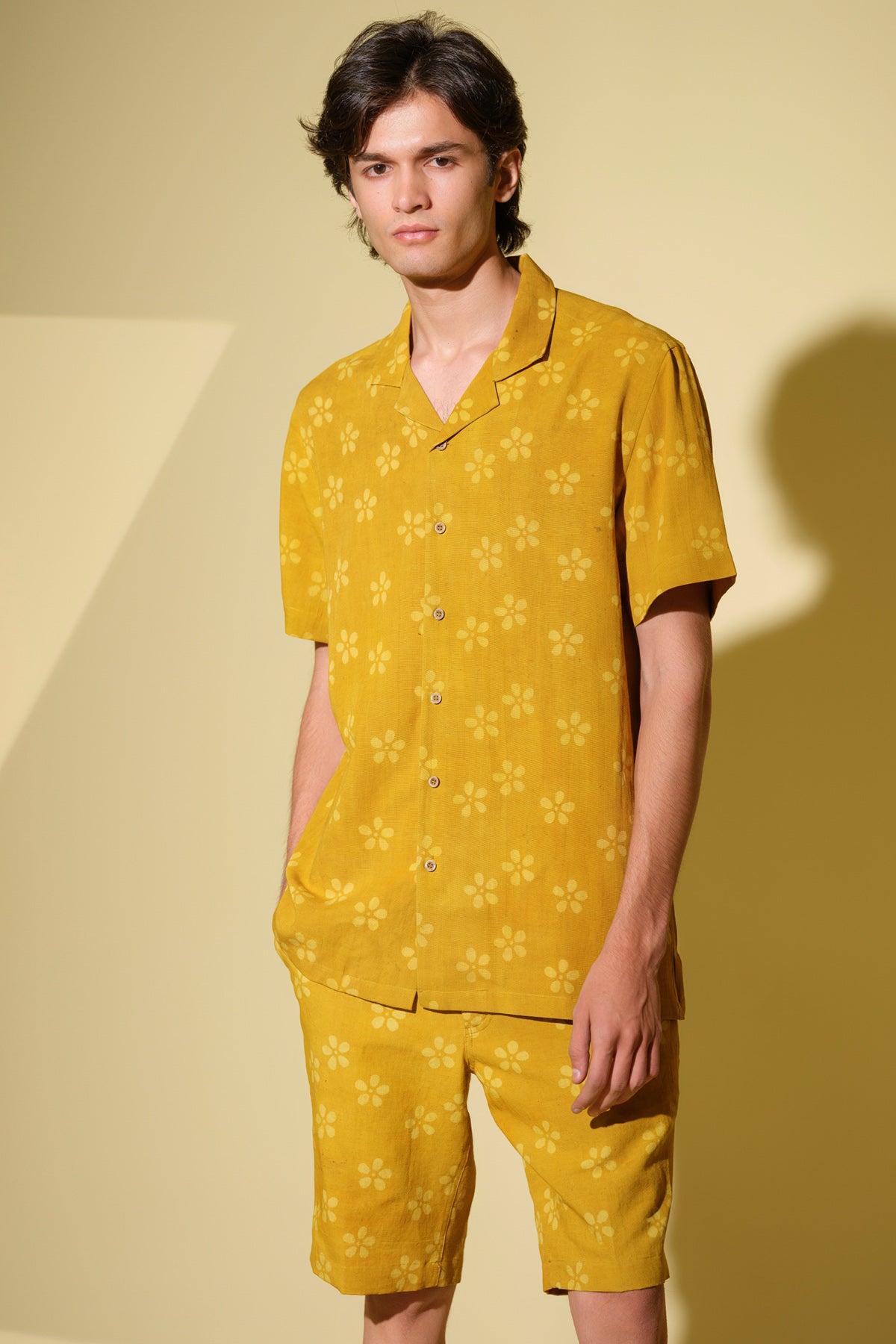 Buy Mustard Printed Shirt & Shorts by Vasudhaa Vastrram for men online at ScrollnShops
