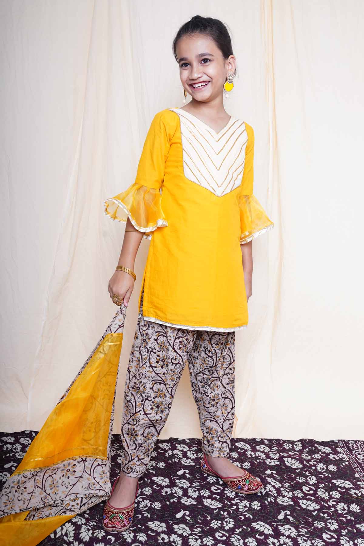 Buy Mustard Printed Short Kurta Set Online