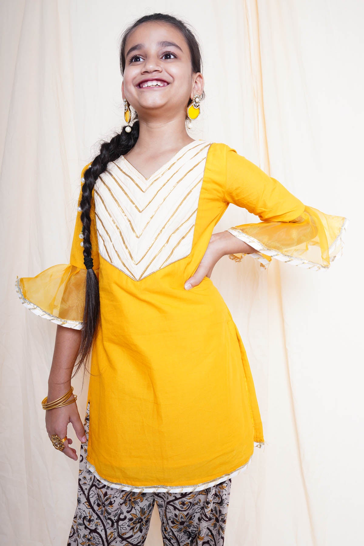 Mustard Printed Short Kurta Set