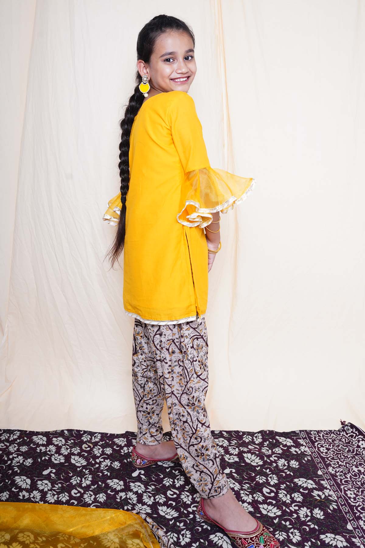 Mustard Printed Short Kurta Set