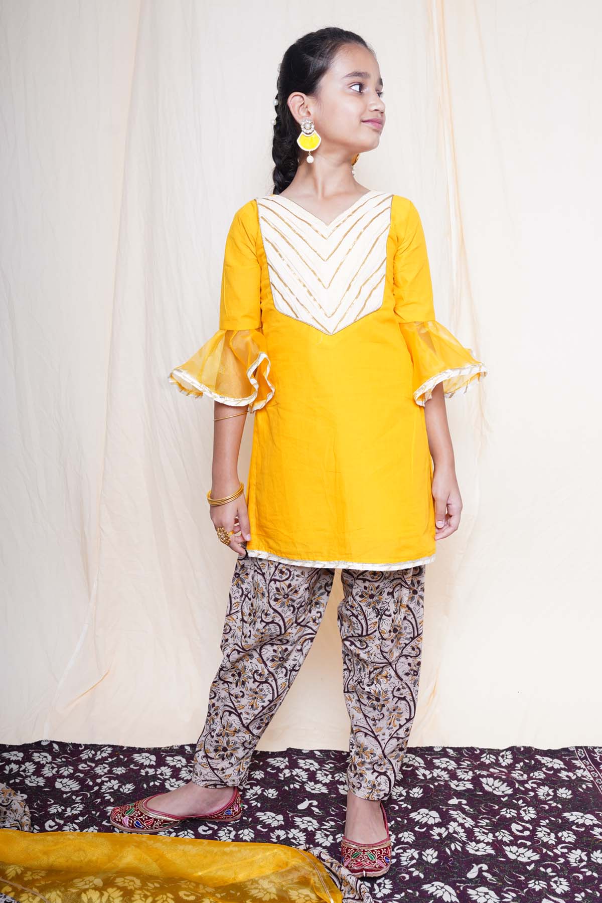 Mustard Printed Short Kurta Set