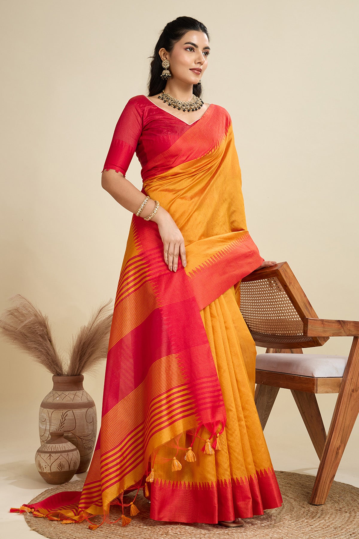 Mustard Raw Silk Thread Saree