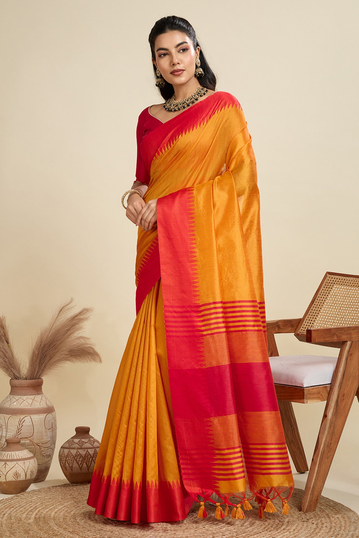 Mustard Raw Silk Thread Saree