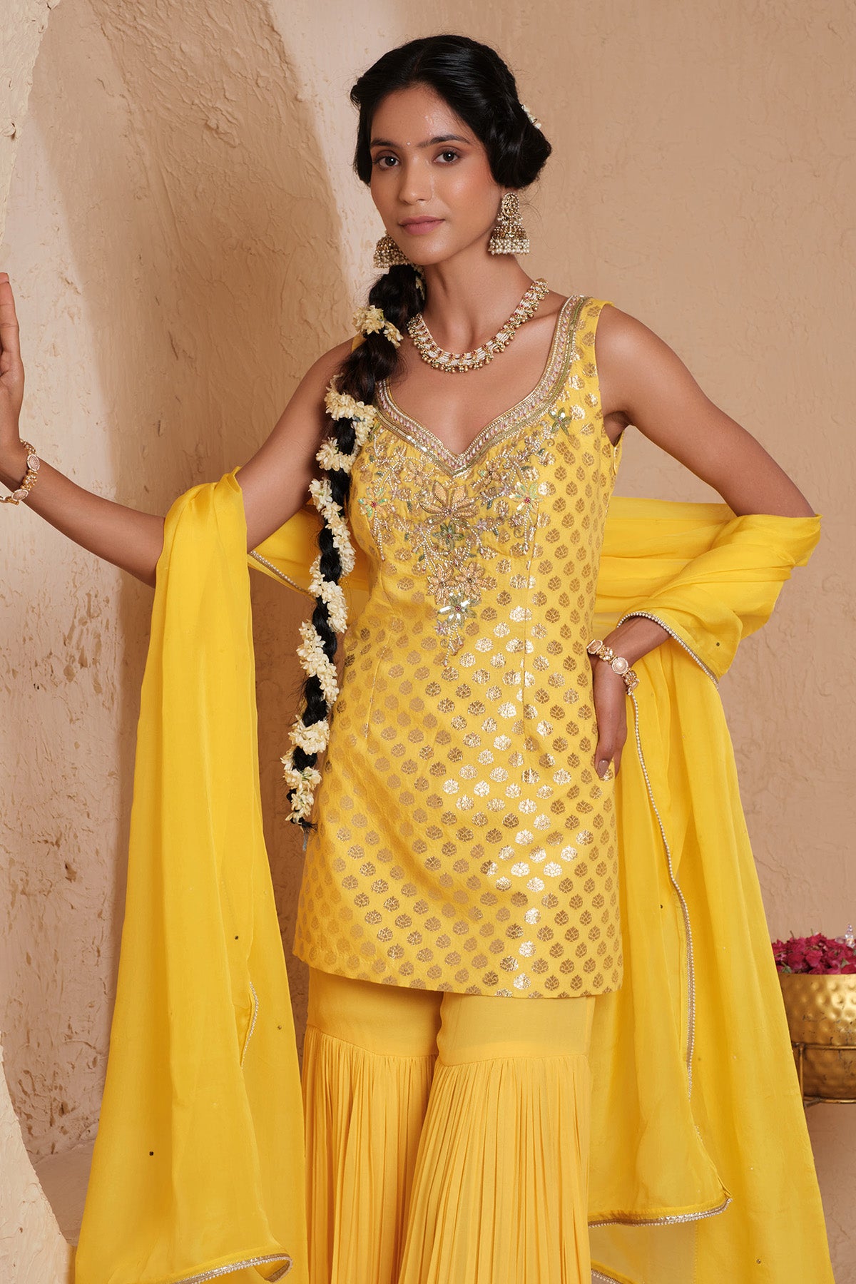 Mustard Sequins Work Gharara Set