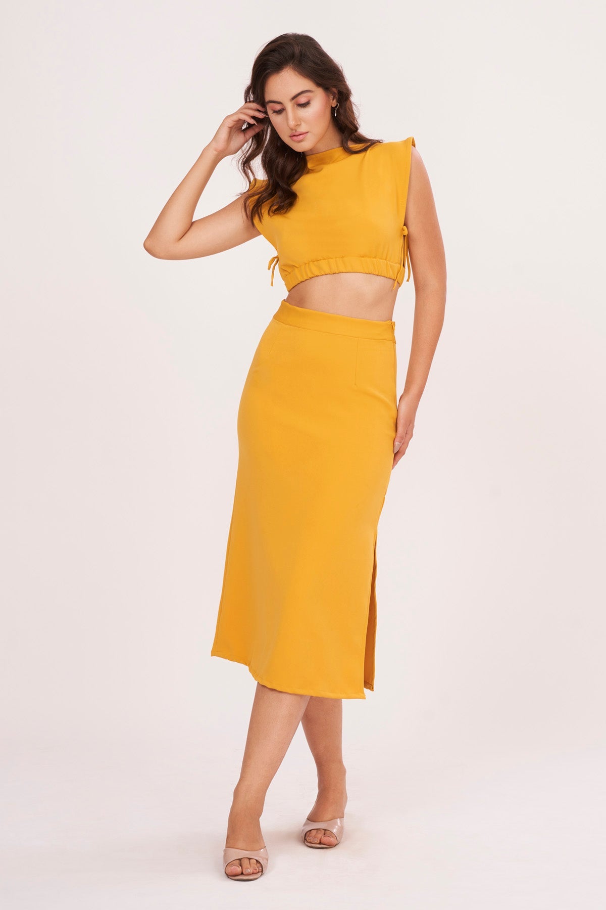 Buy Designer Mustard Square Top & Skirt Set for Women Online
