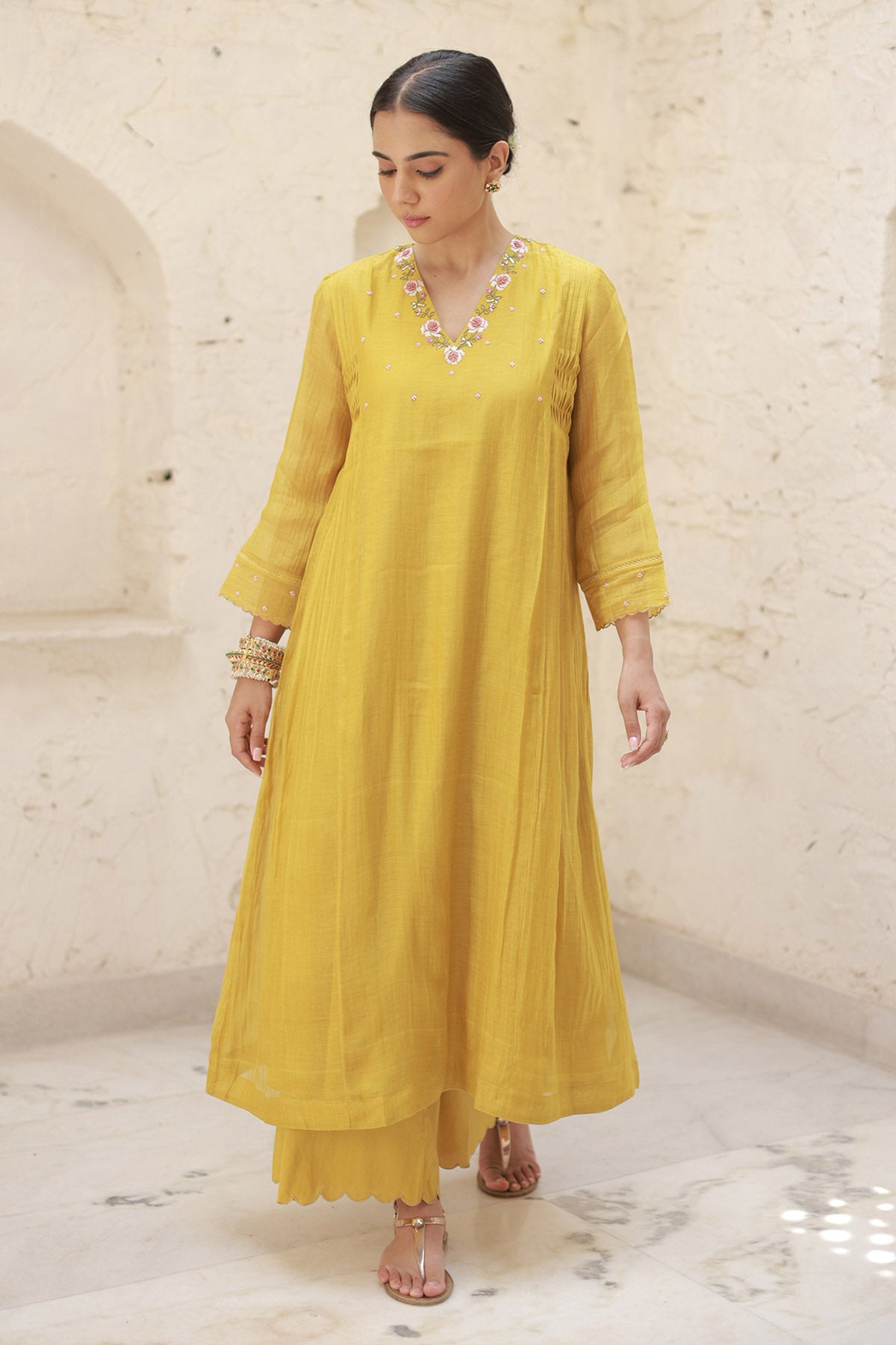 Mustard Thread Work Kurta Set