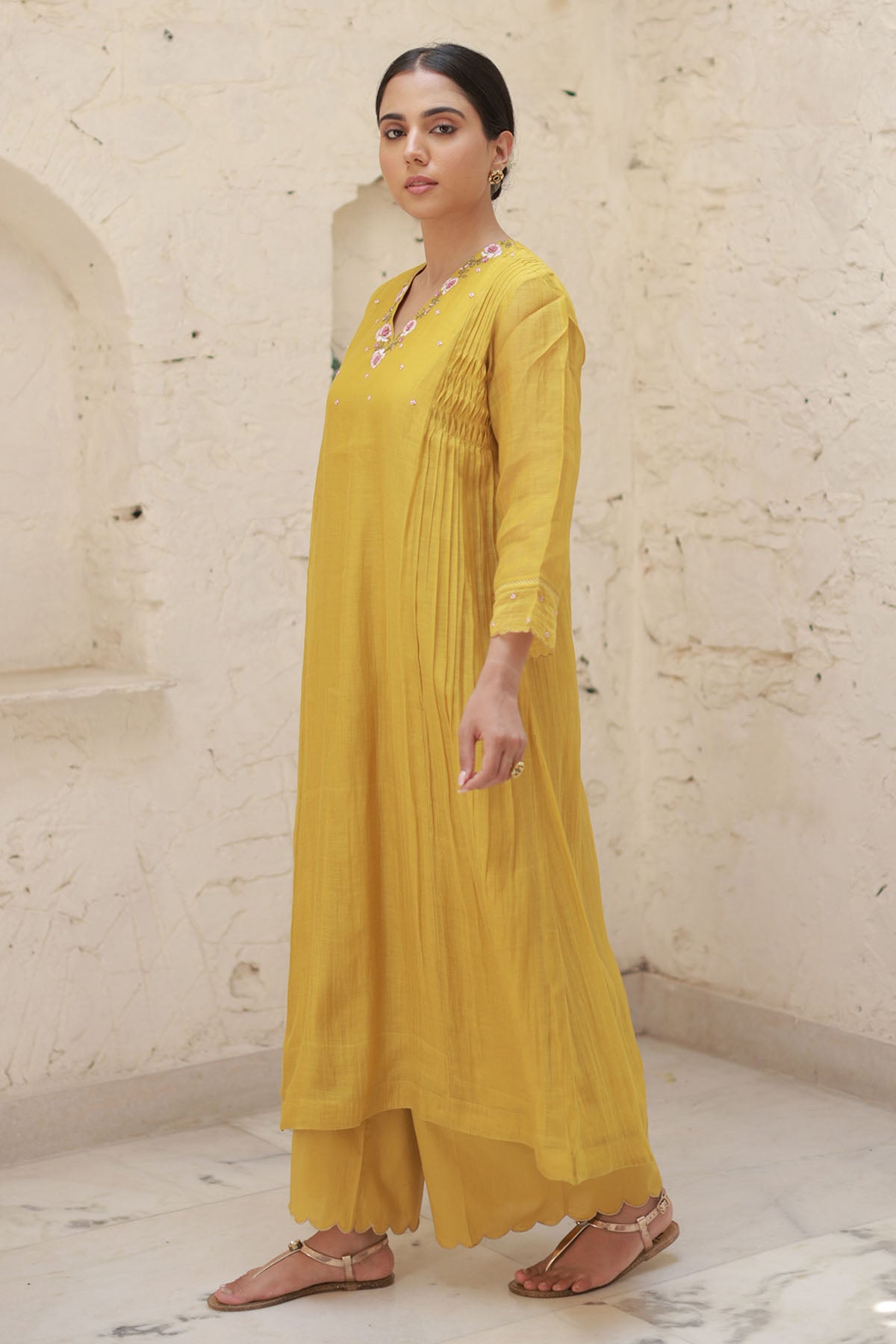 Mustard Thread Work Kurta Set