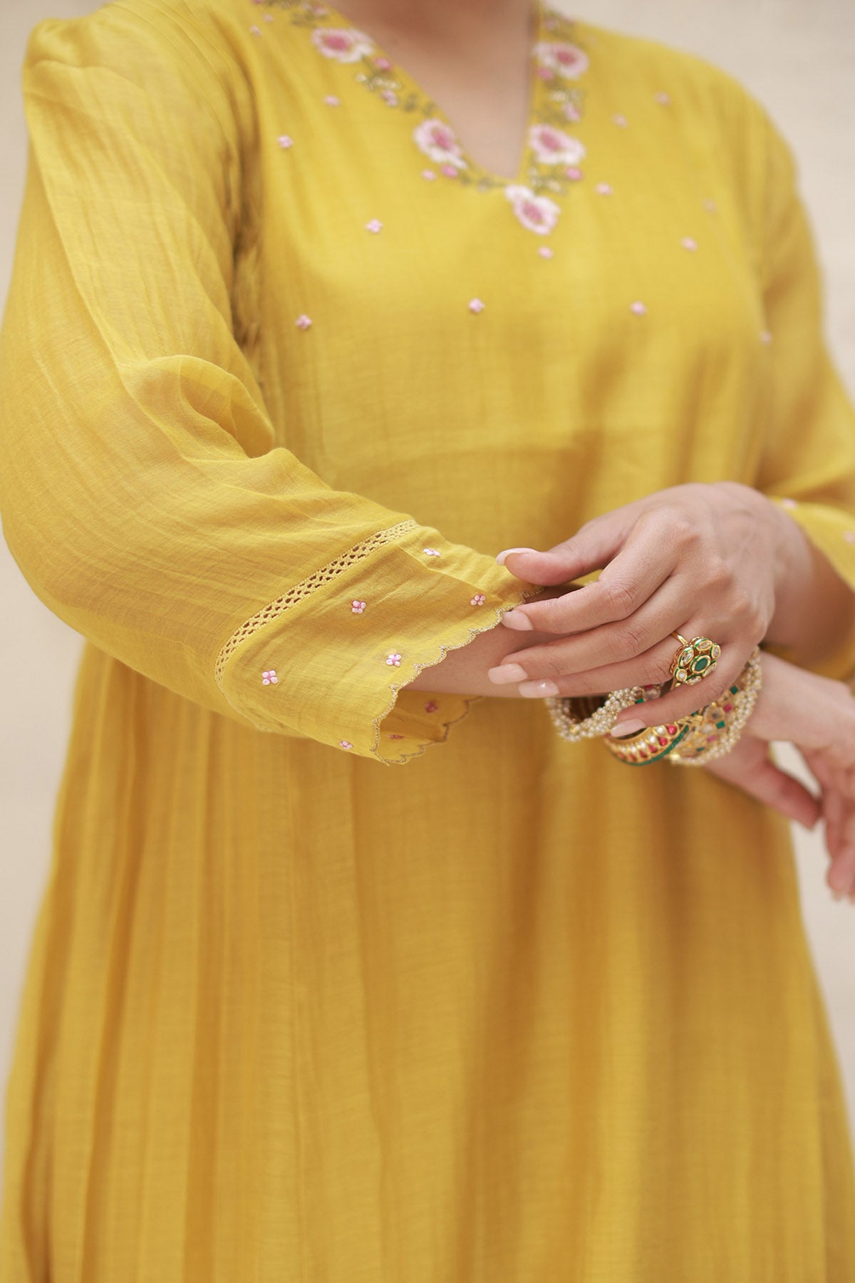 Mustard Thread Work Kurta Set