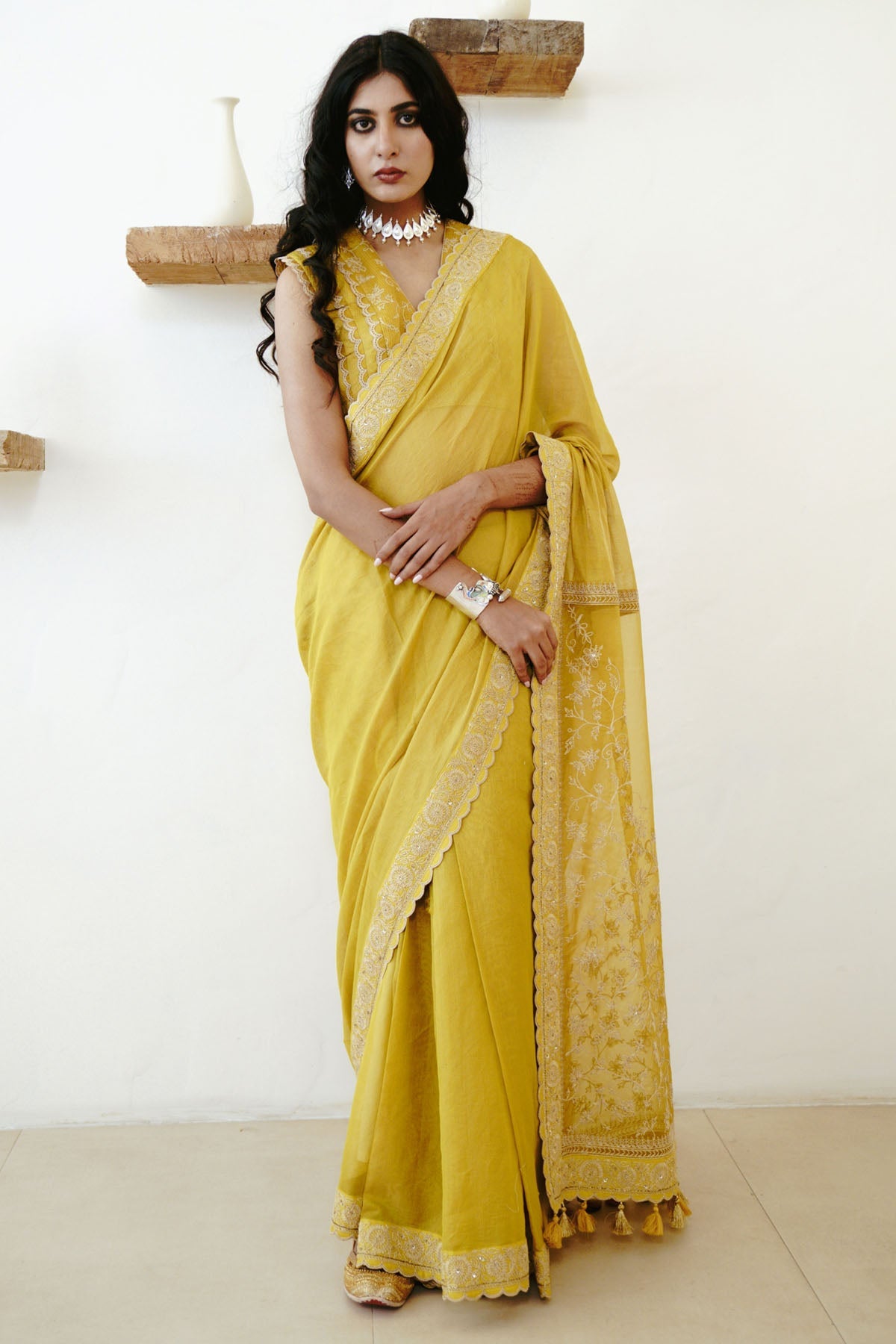 Wabi Sabi Mustard Tissue Embroidered Saree For Women available at ScrollnShops