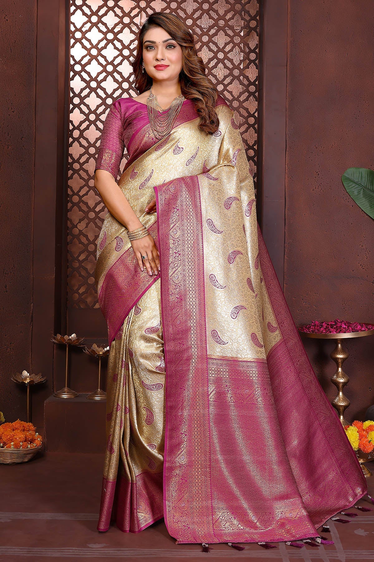 Buy Mustard Tissue Silk Fancy Saree for women by Aastha Fashion online available at scrollnshops