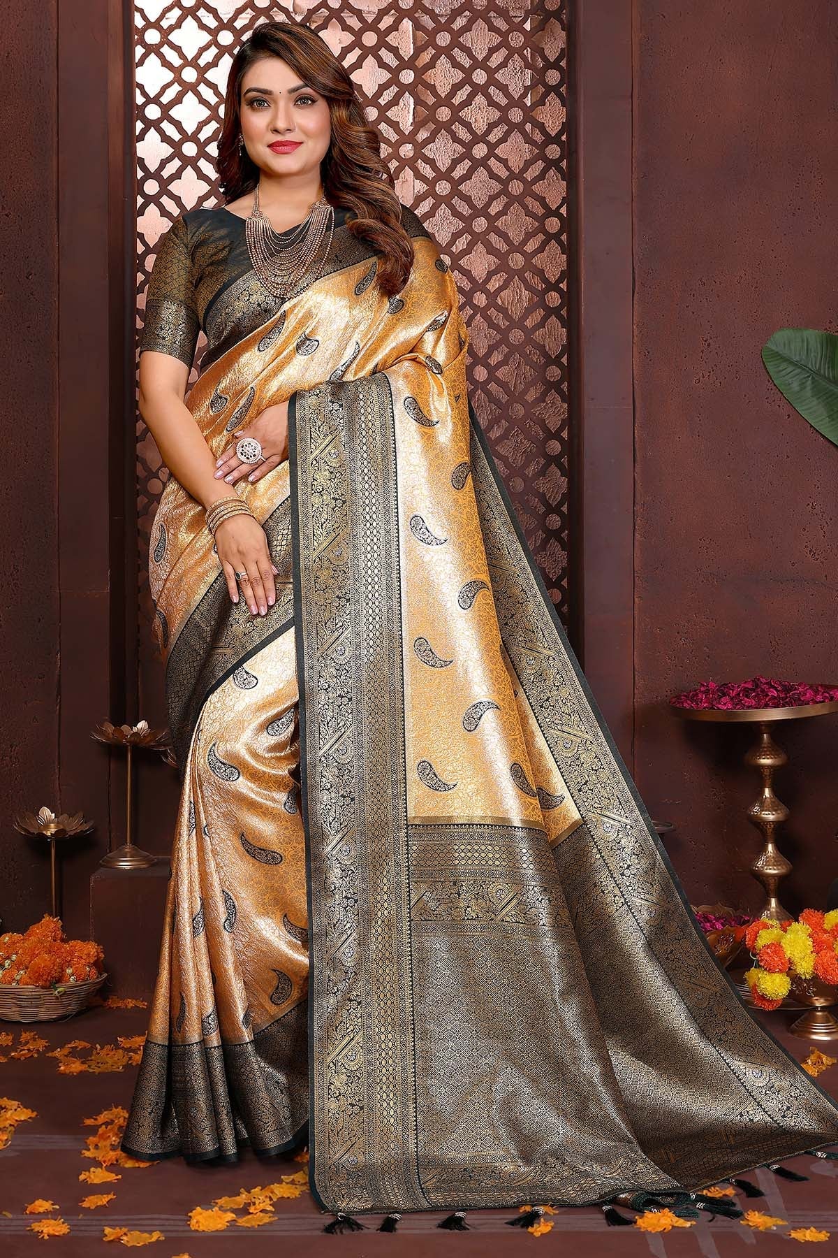 Buy Mustard Tissue Weaving Saree for women by Aastha Fashion online available at scrollnshops