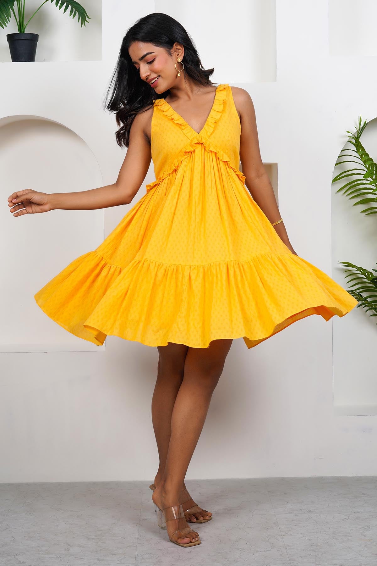 Buy Designer Mustard Yellow Cotton Mini Dress Online