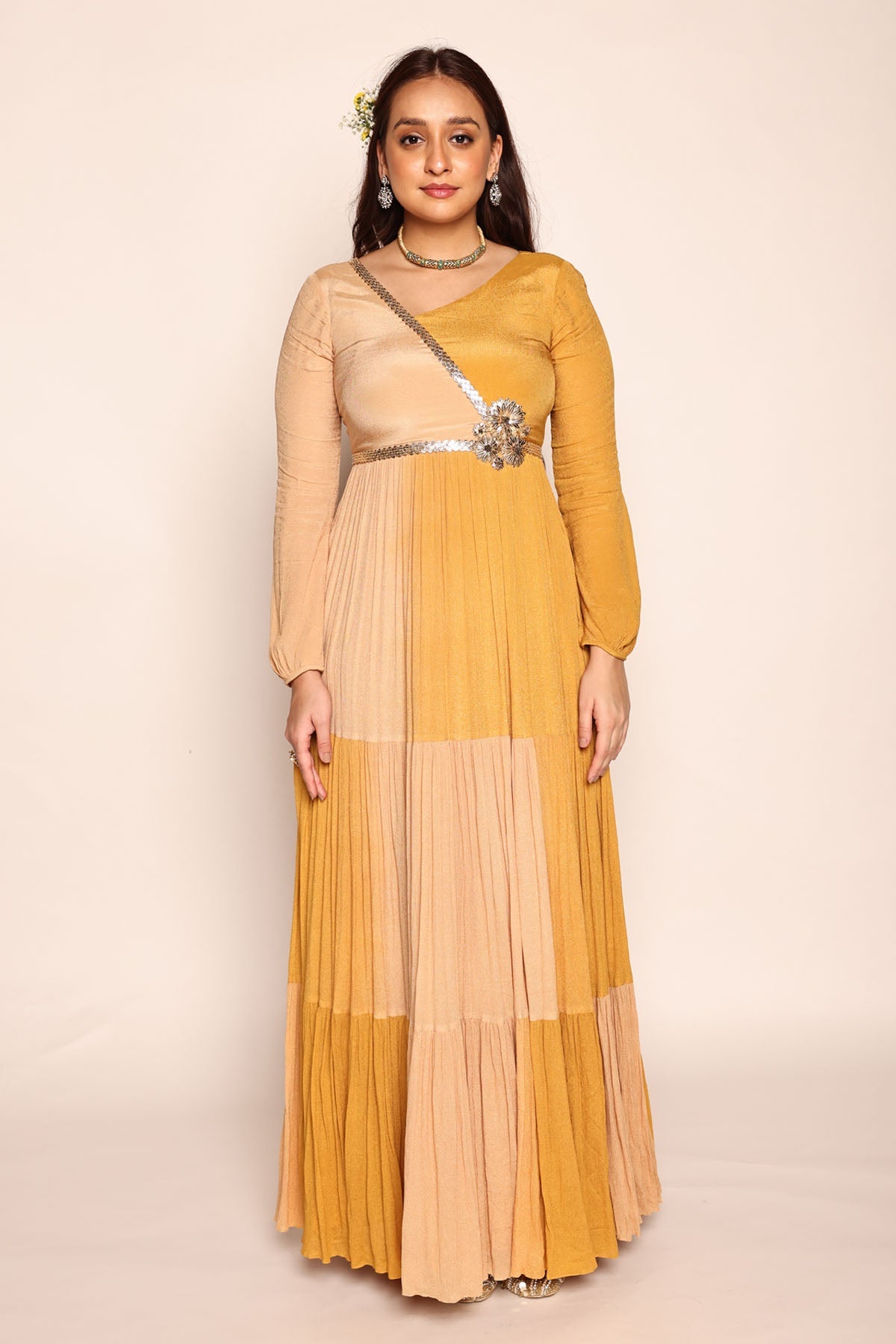 Buy Designer Mustard Yellow Tiered Dress Online Buy Designer Mustard Yellow Tiered Dress Online