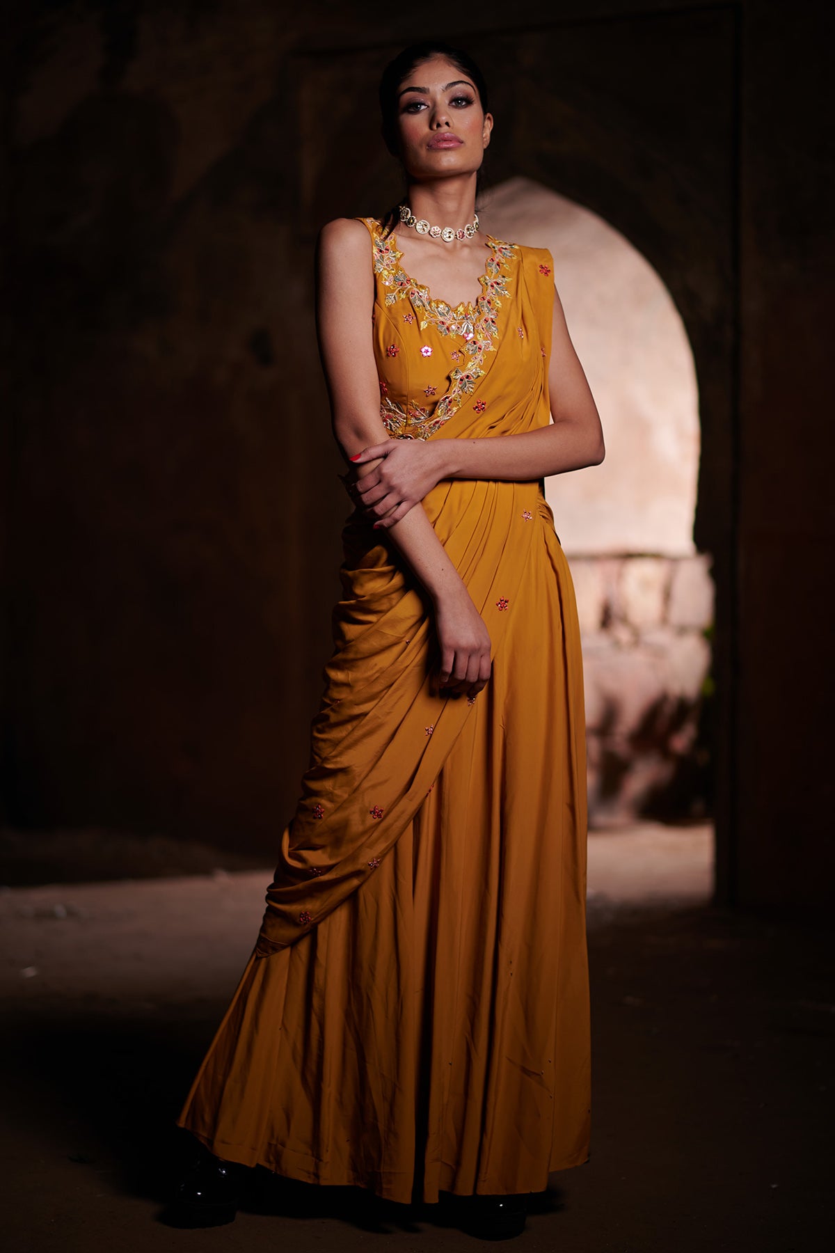 Mustard Zari Pre-Draped Saree