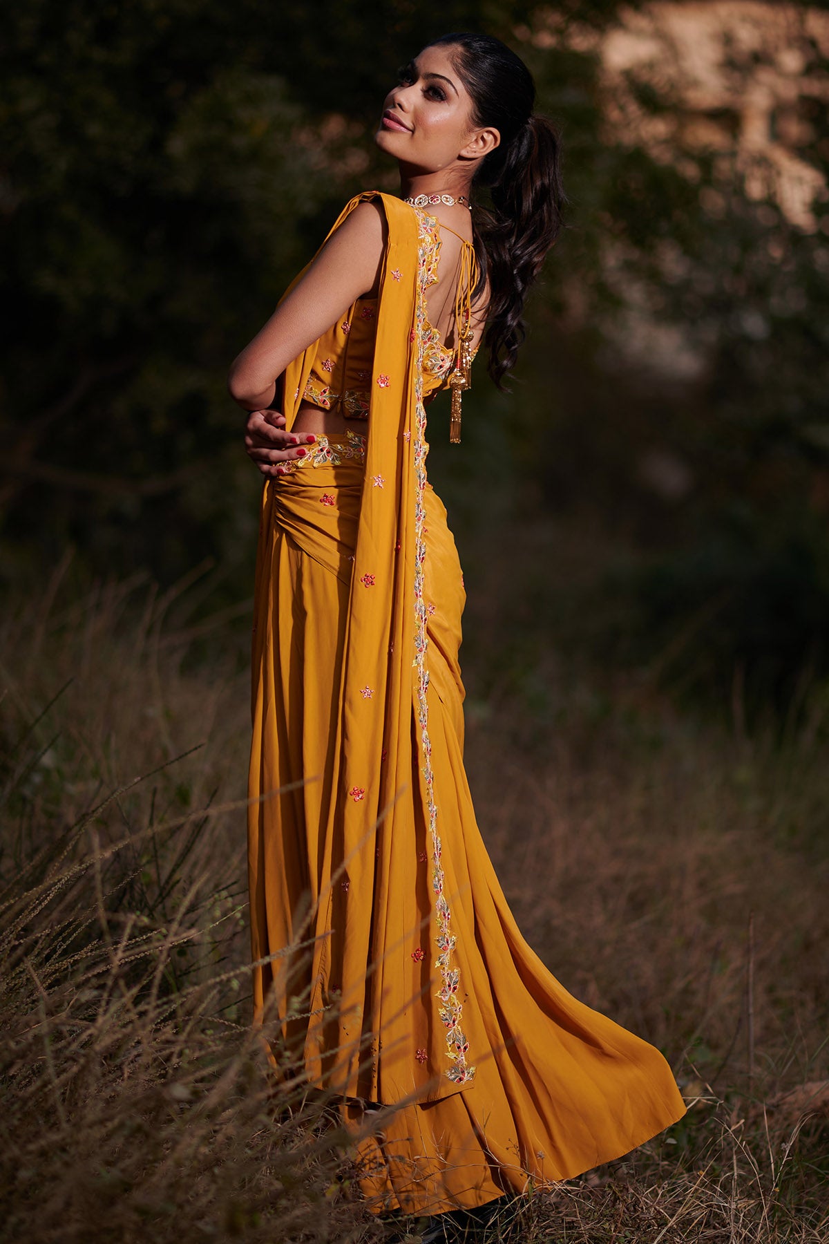 Mustard Zari Pre-Draped Saree