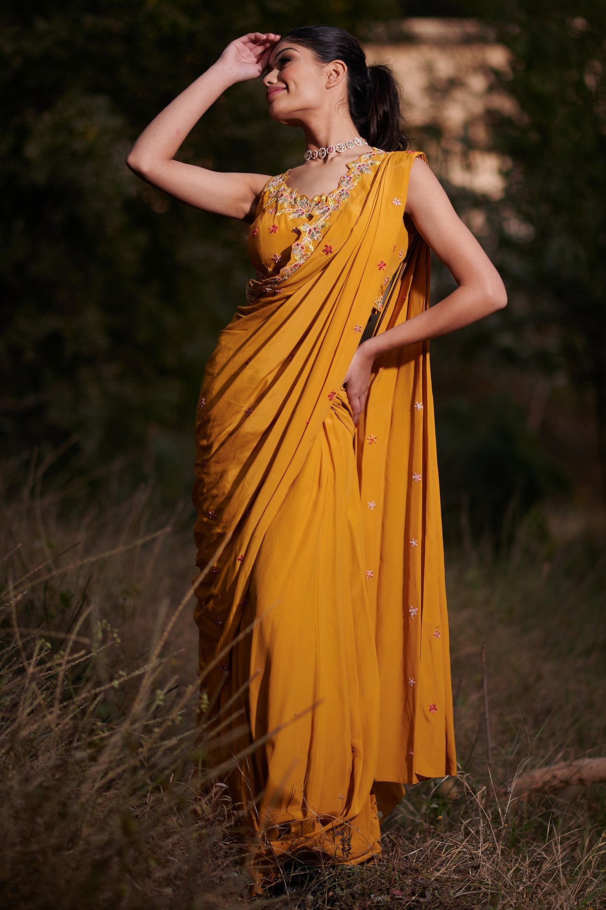 Buy Mustard Zari Pre-Draped Saree by Harshita for women online at ScrollnShops