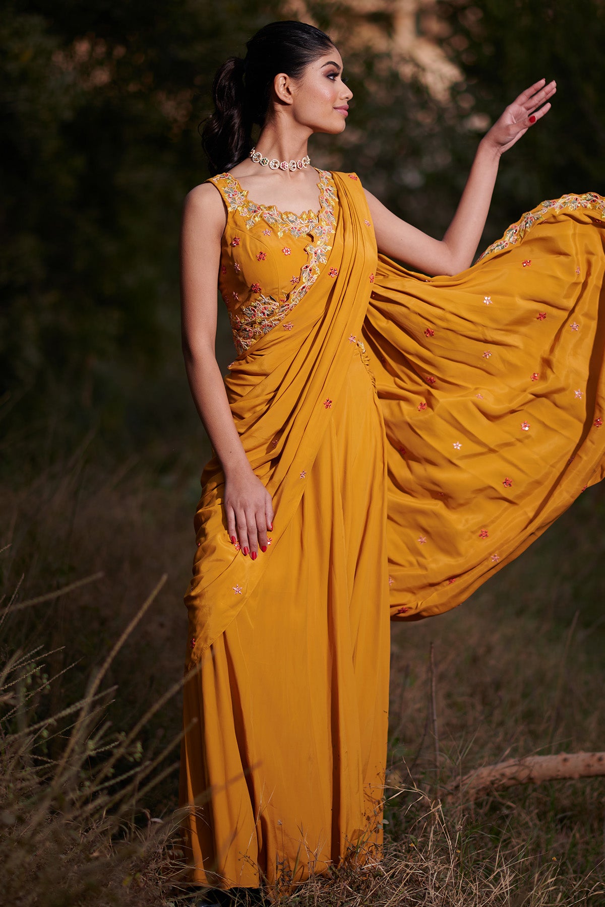 Mustard Zari Pre-Draped Saree
