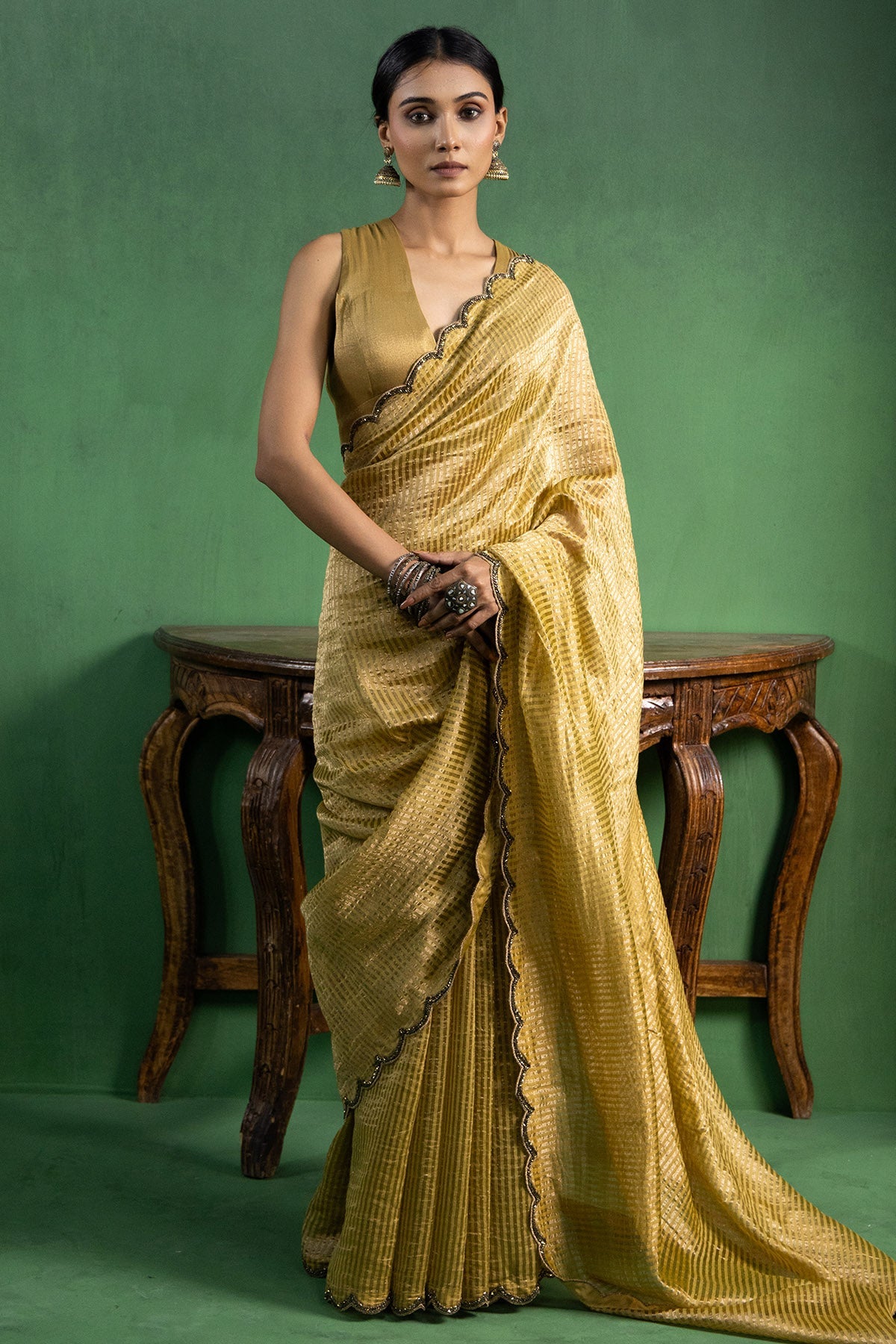 Buy Mustard Zari Stripe Drape Saree for women by Ekagani Designer online available at scrollnshops