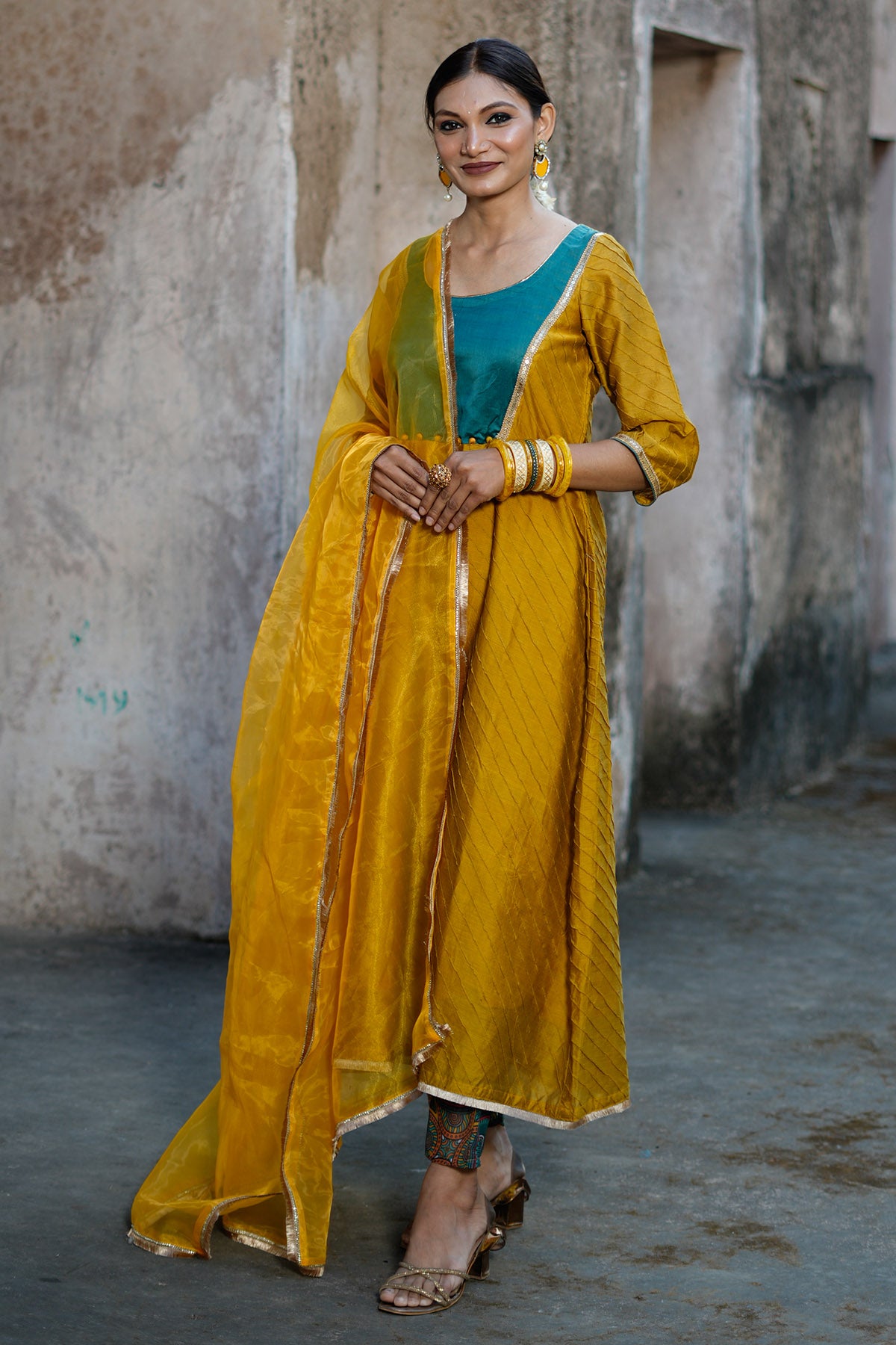 Mustard Zari Woven Kurta Set