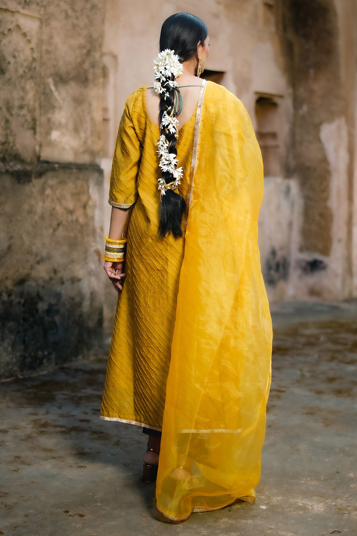 Mustard Zari Woven Kurta Set
