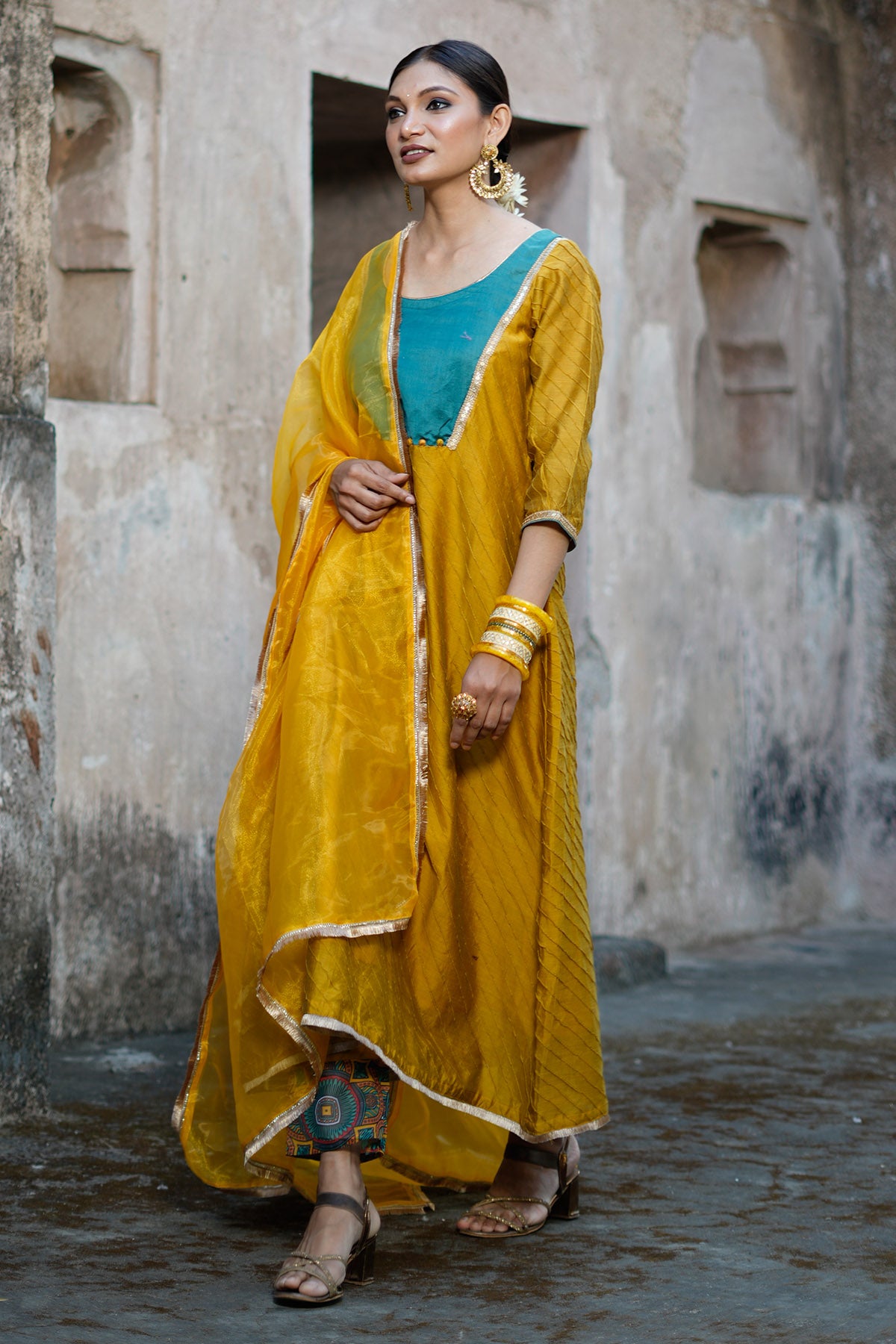 Mustard Zari Woven Kurta Set