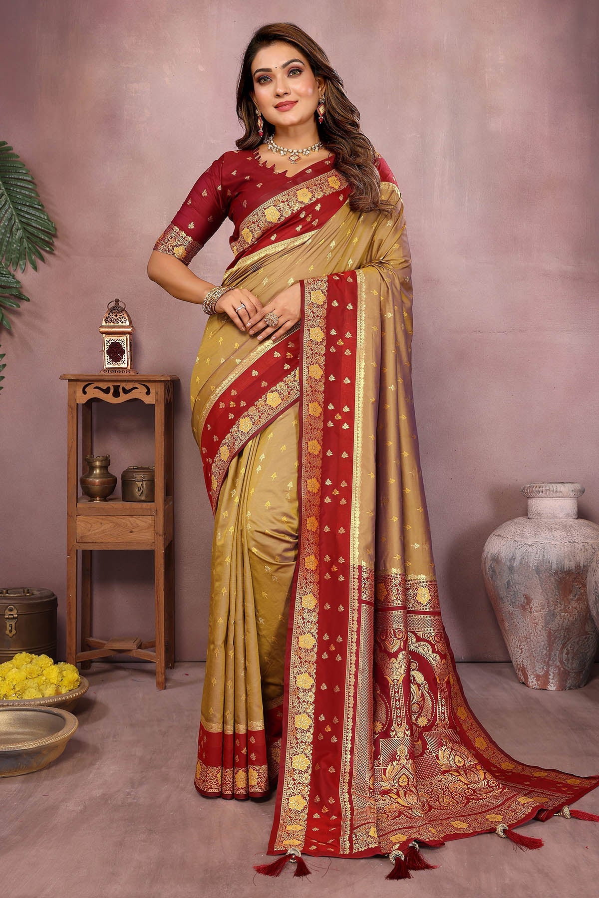 Buy Mustard Zari Woven Silk Saree for women by Aastha Fashion online available at scrollnshops