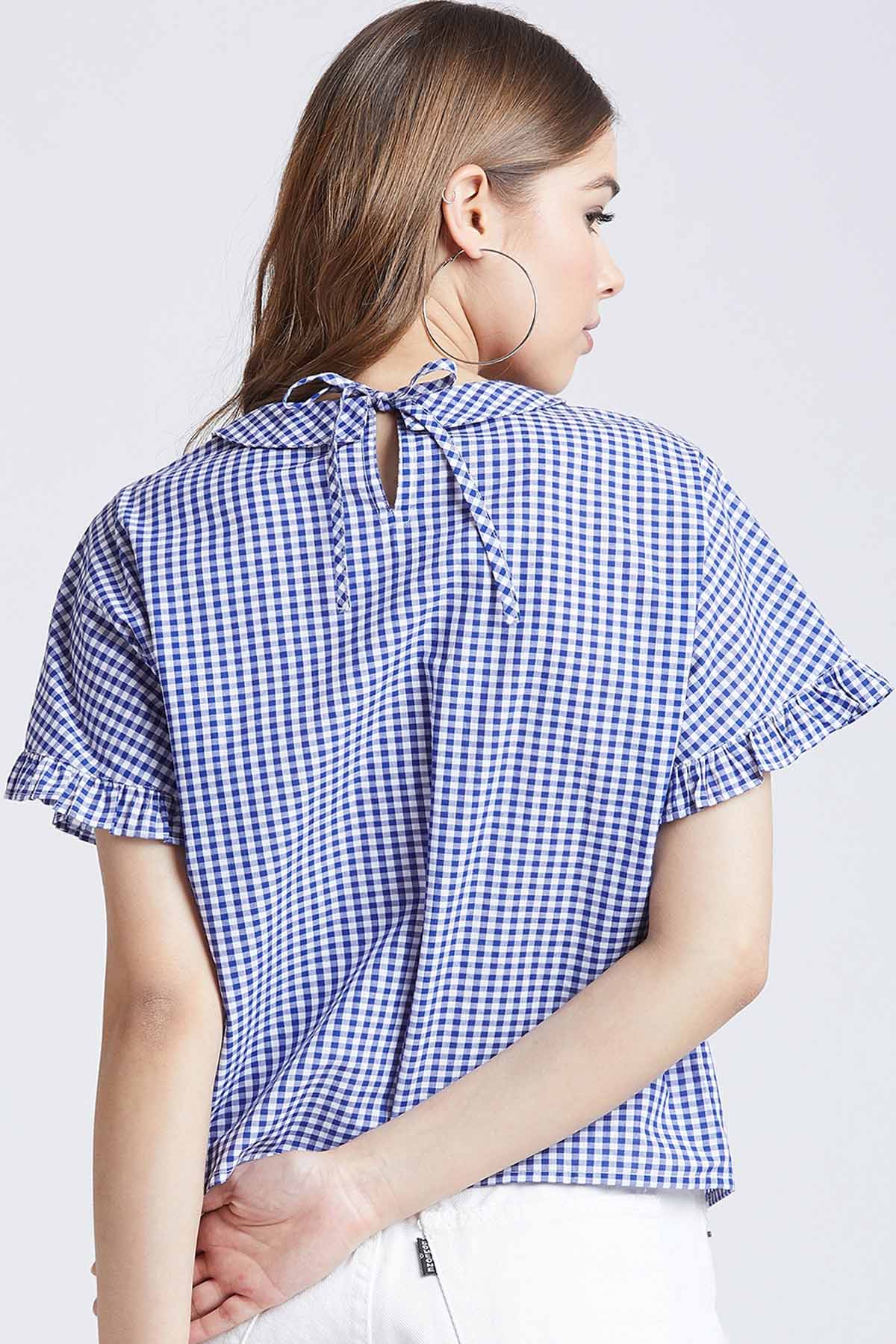 Navy Blue Cotton Checkered Top