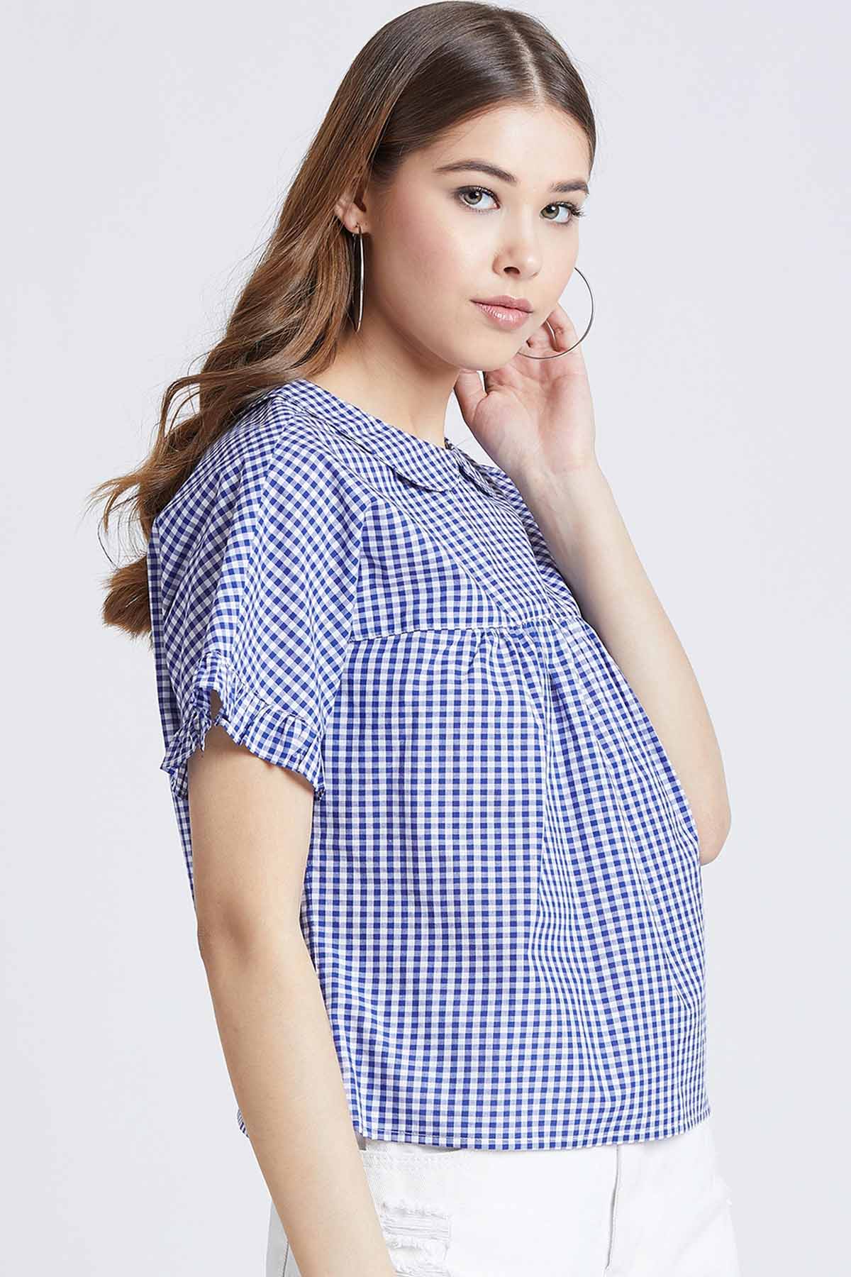 Navy Blue Cotton Checkered Top
