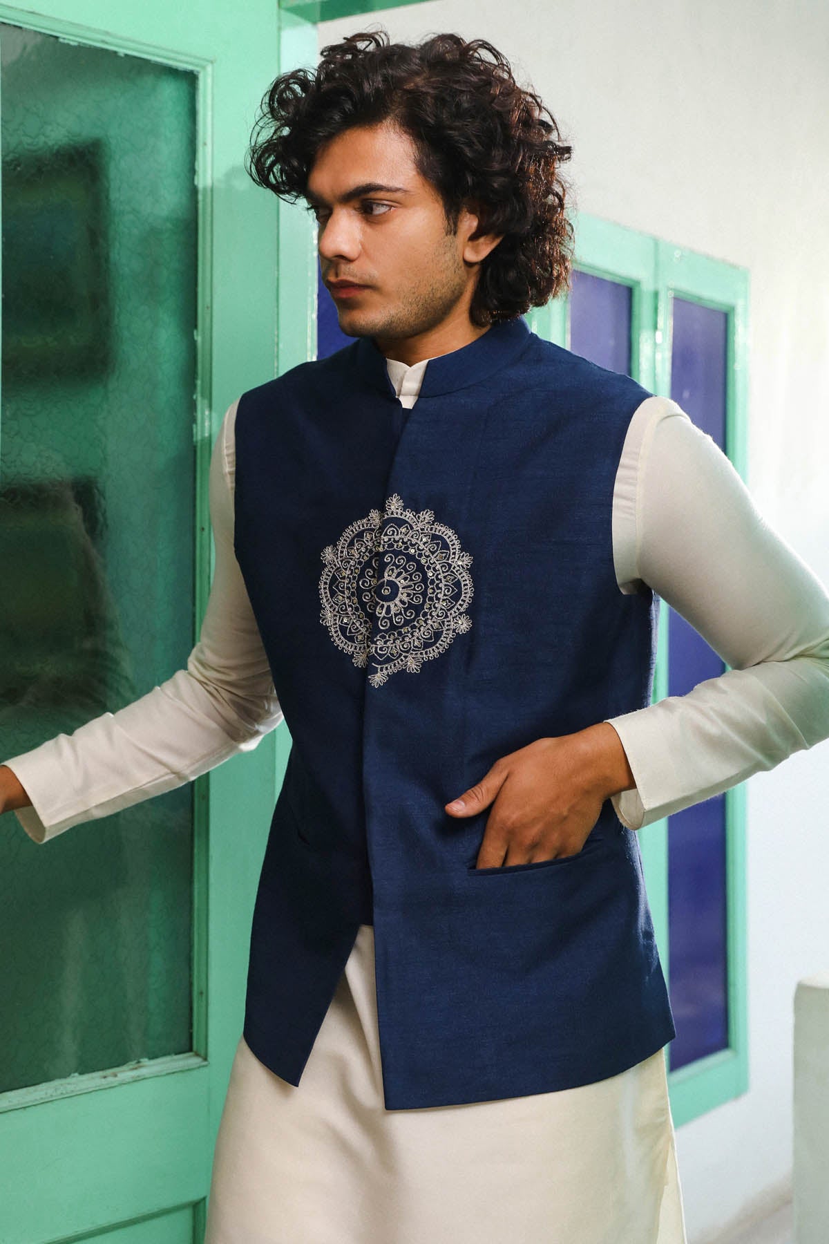 Navy Blue Embroidered Bundi