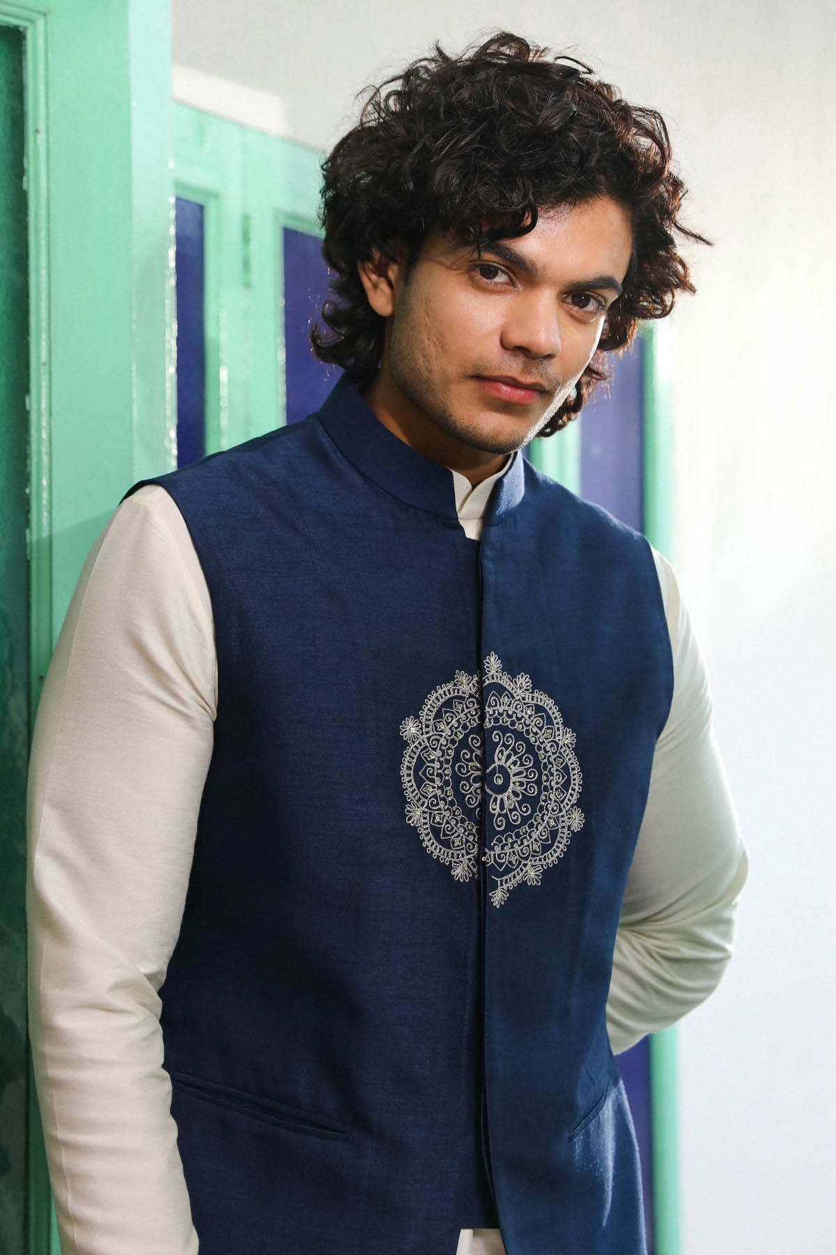 Navy Blue Embroidered Bundi