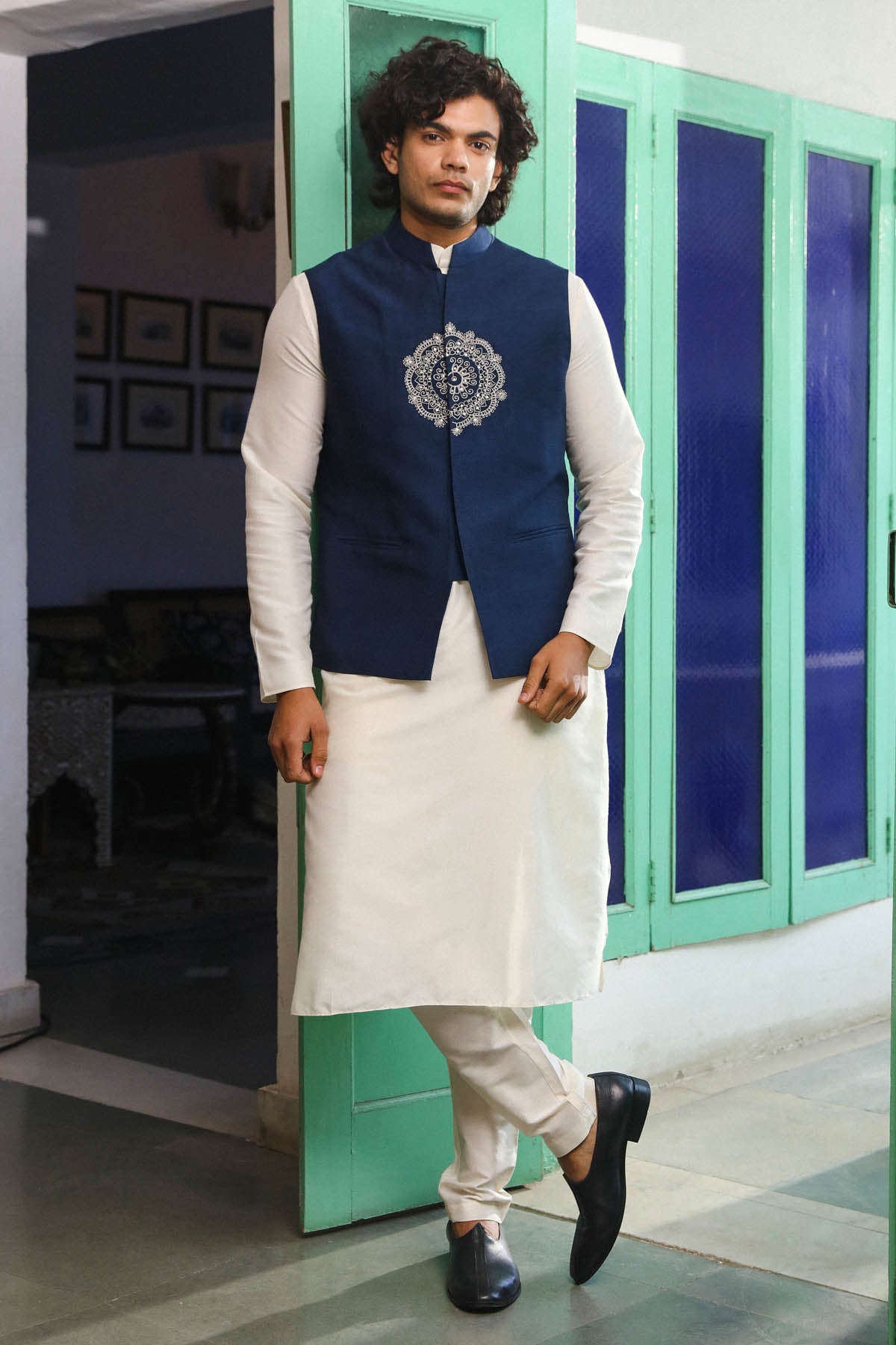 Navy Blue Embroidered Bundi