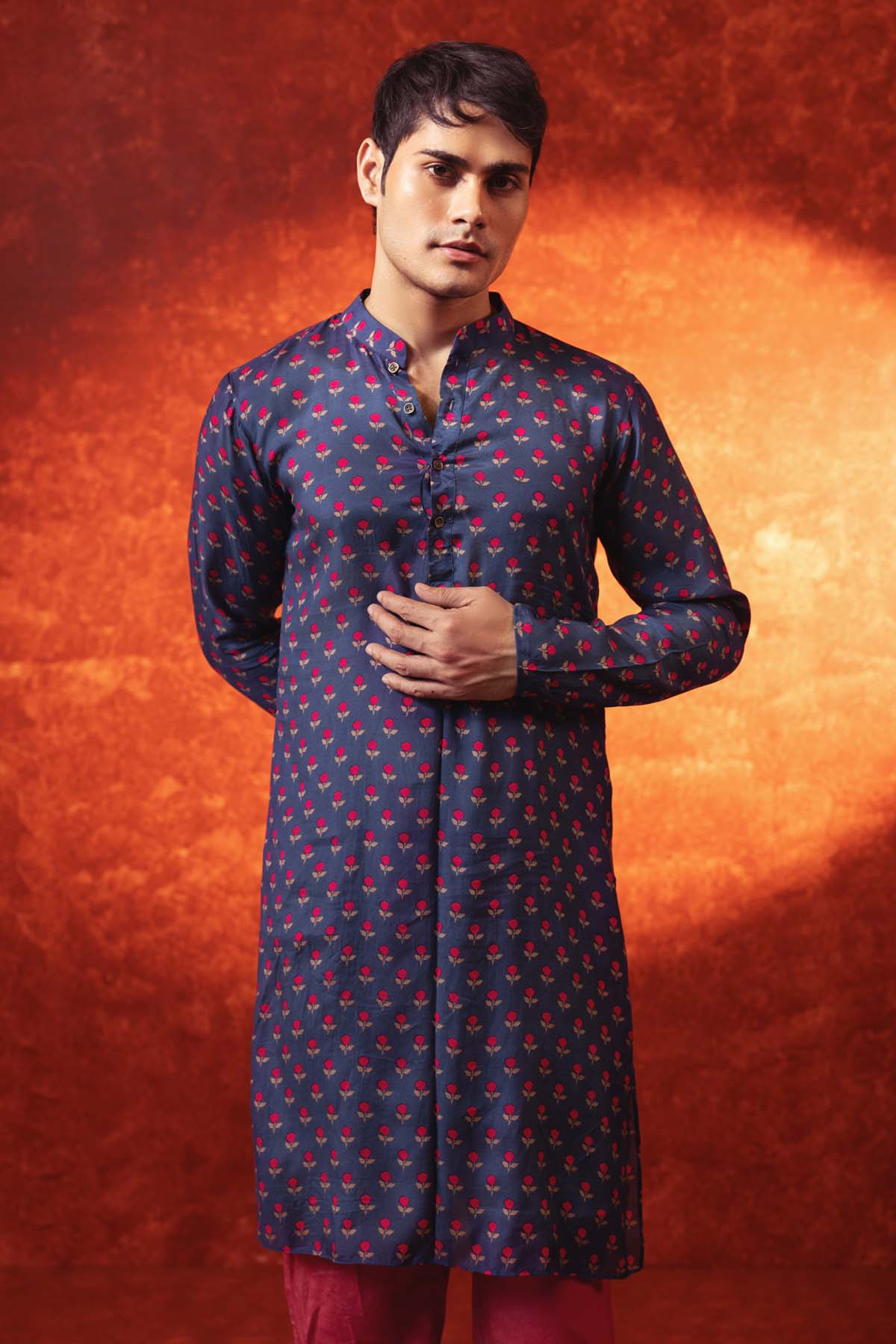 Navy Blue Floral Print Kurta Set