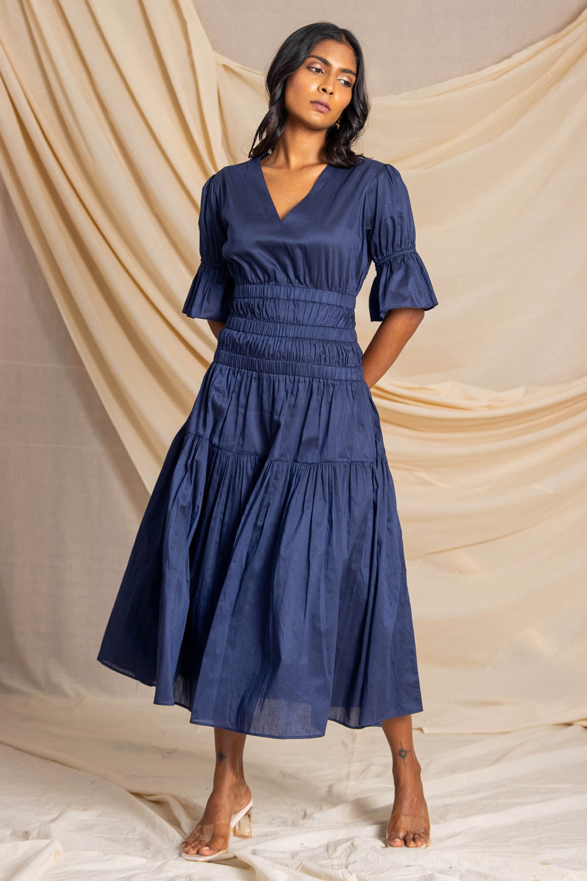 Navy Blue Gathered Dress
