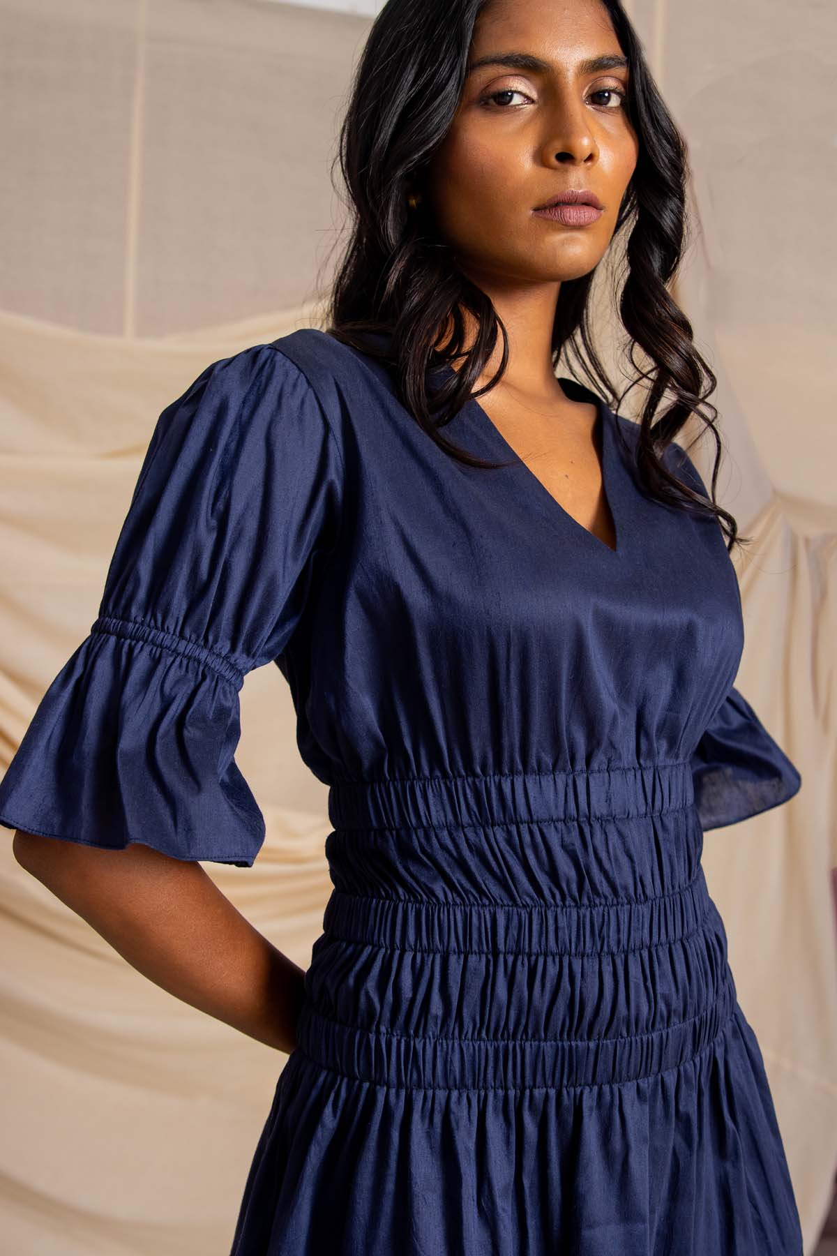 Navy Blue Gathered Dress