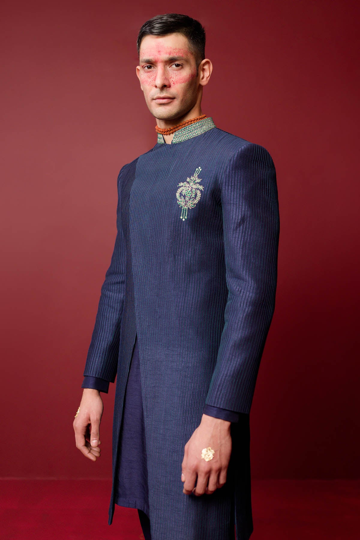 Navy Blue Pintuck Sherwani Set
