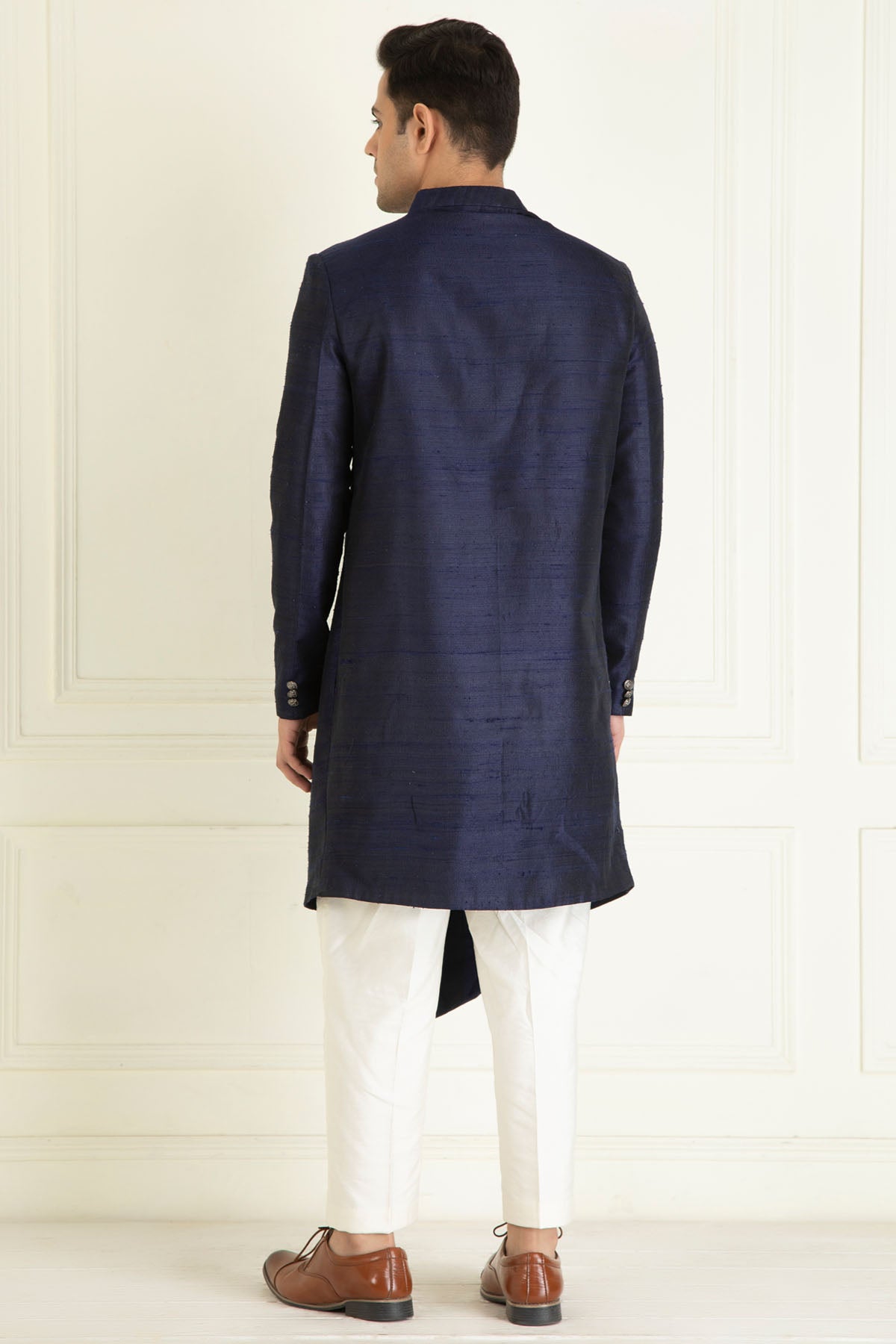 Navy Blue Raw Silk Sherwani Set