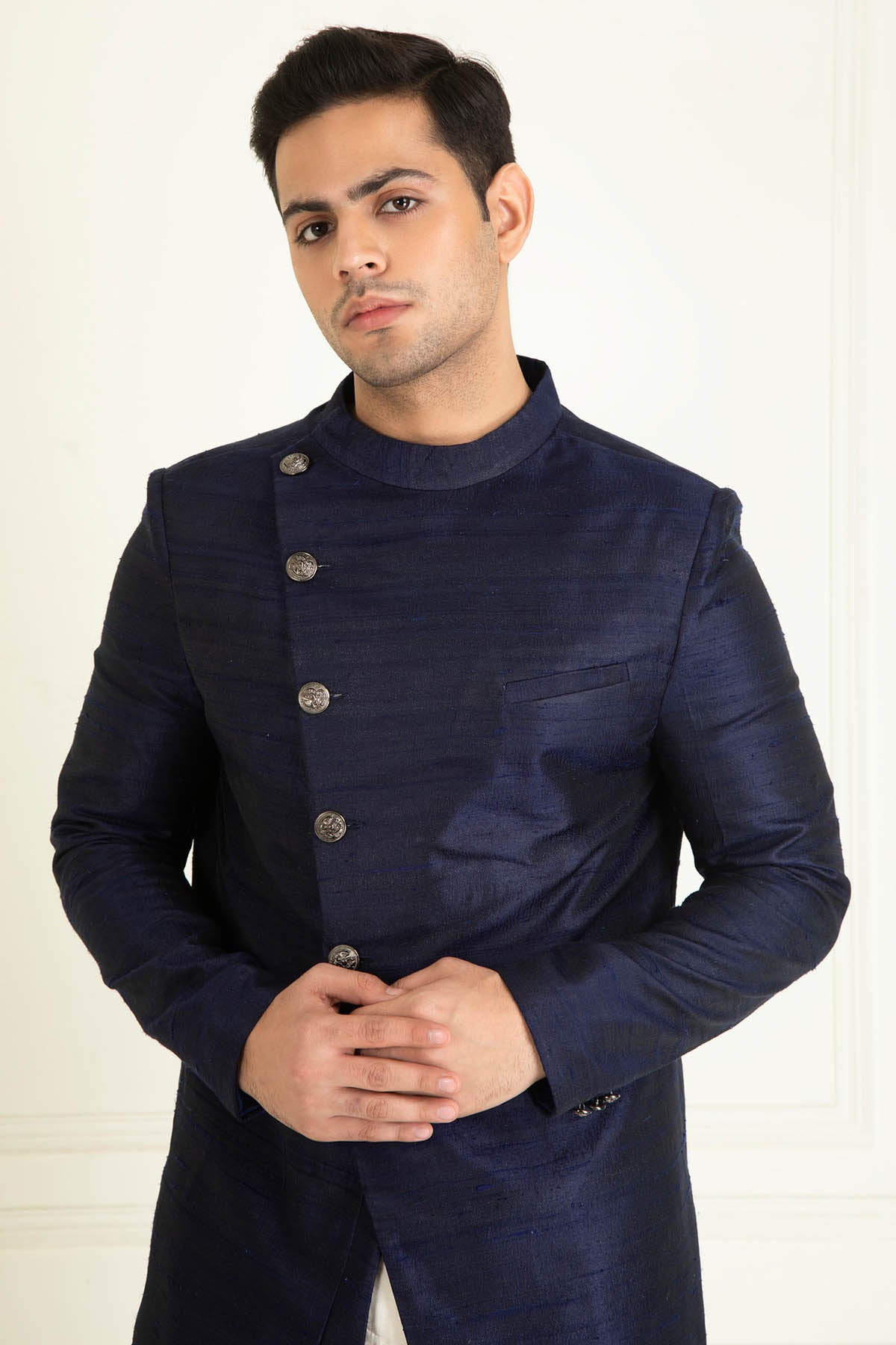 Navy Blue Raw Silk Sherwani Set
