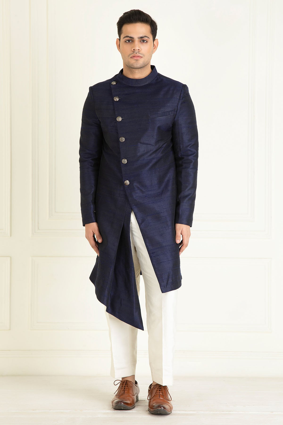 Navy Blue Raw Silk Sherwani Set