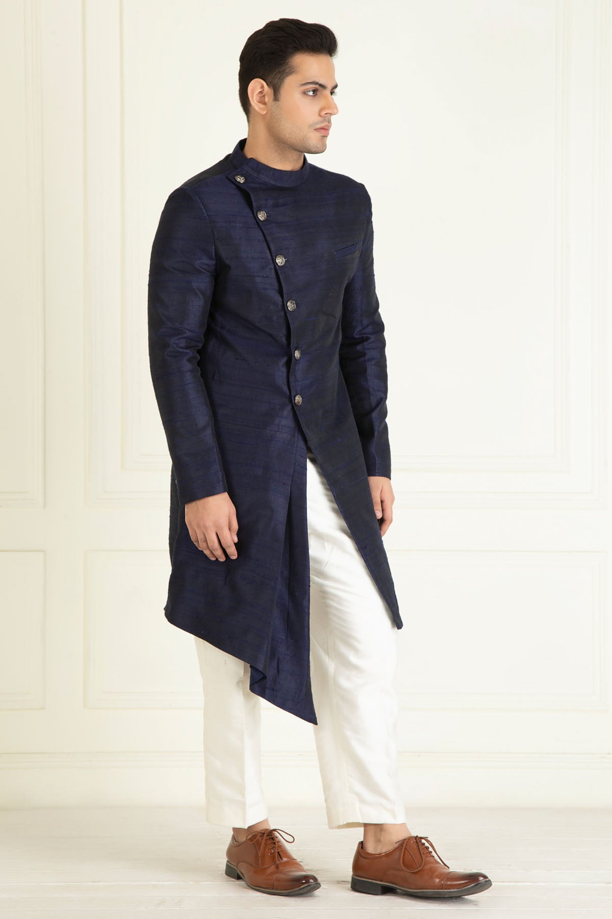 Navy Blue Raw Silk Sherwani Set